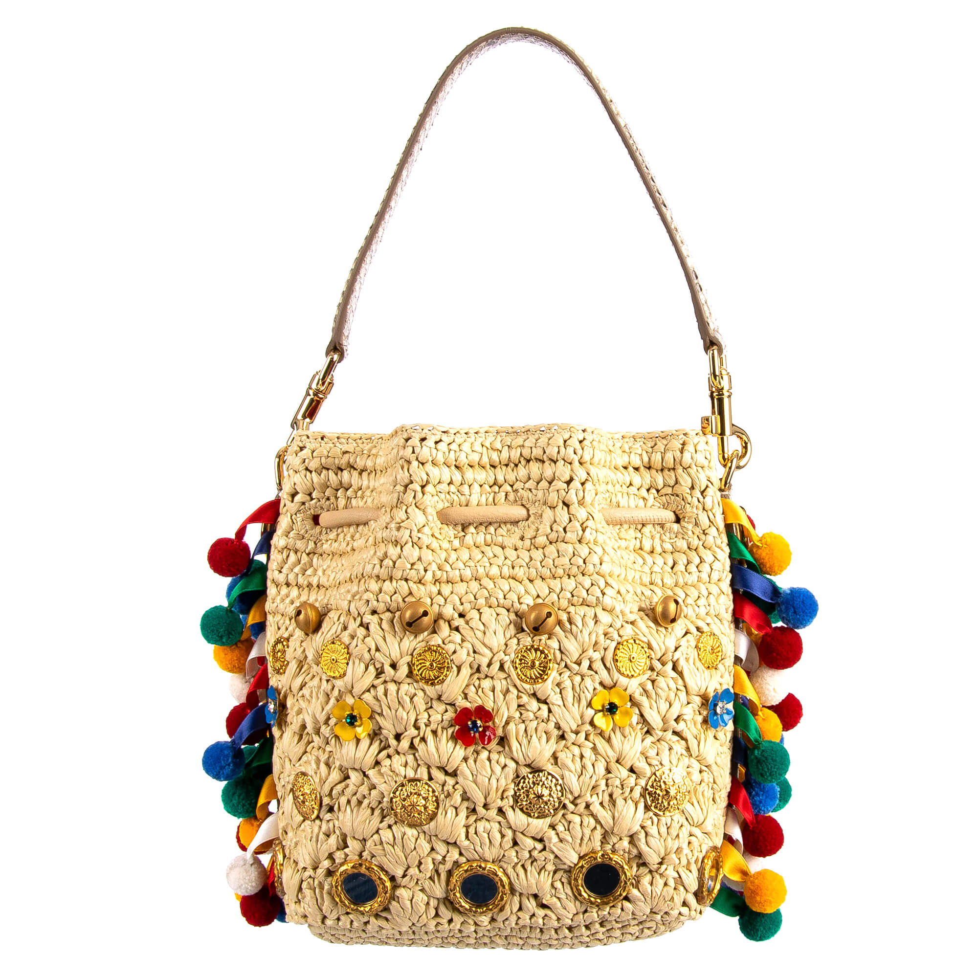 Beutel Hobo Tasche / Schultertasche CLAUDIA im Sizilianischem Stil aus Stroh und Schlangenleder mit Bommeln, Sing Song Glocken und Kristallen von DOLCE & GABBANA
