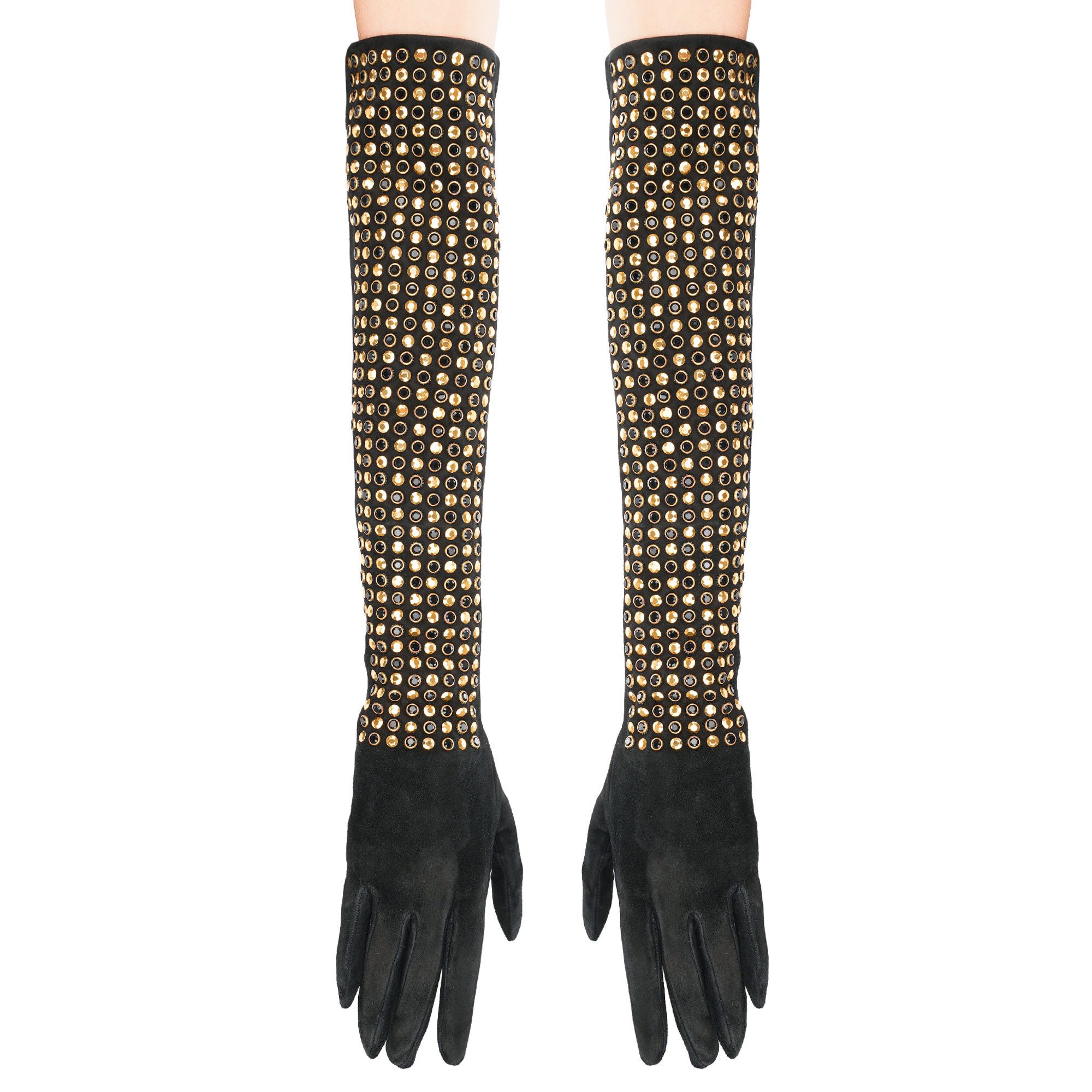 Super Studded Crystal Suede Leather Long Gloves Black Gold