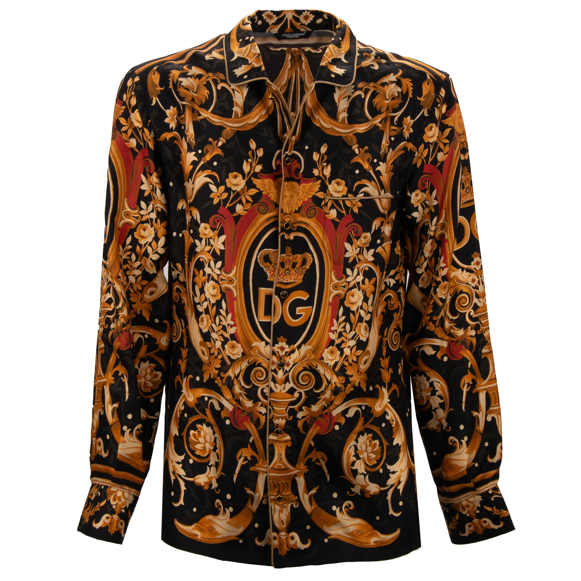 DG Logo Baroque Crown Crystal Wide Fit Silk Shirt Black Gold