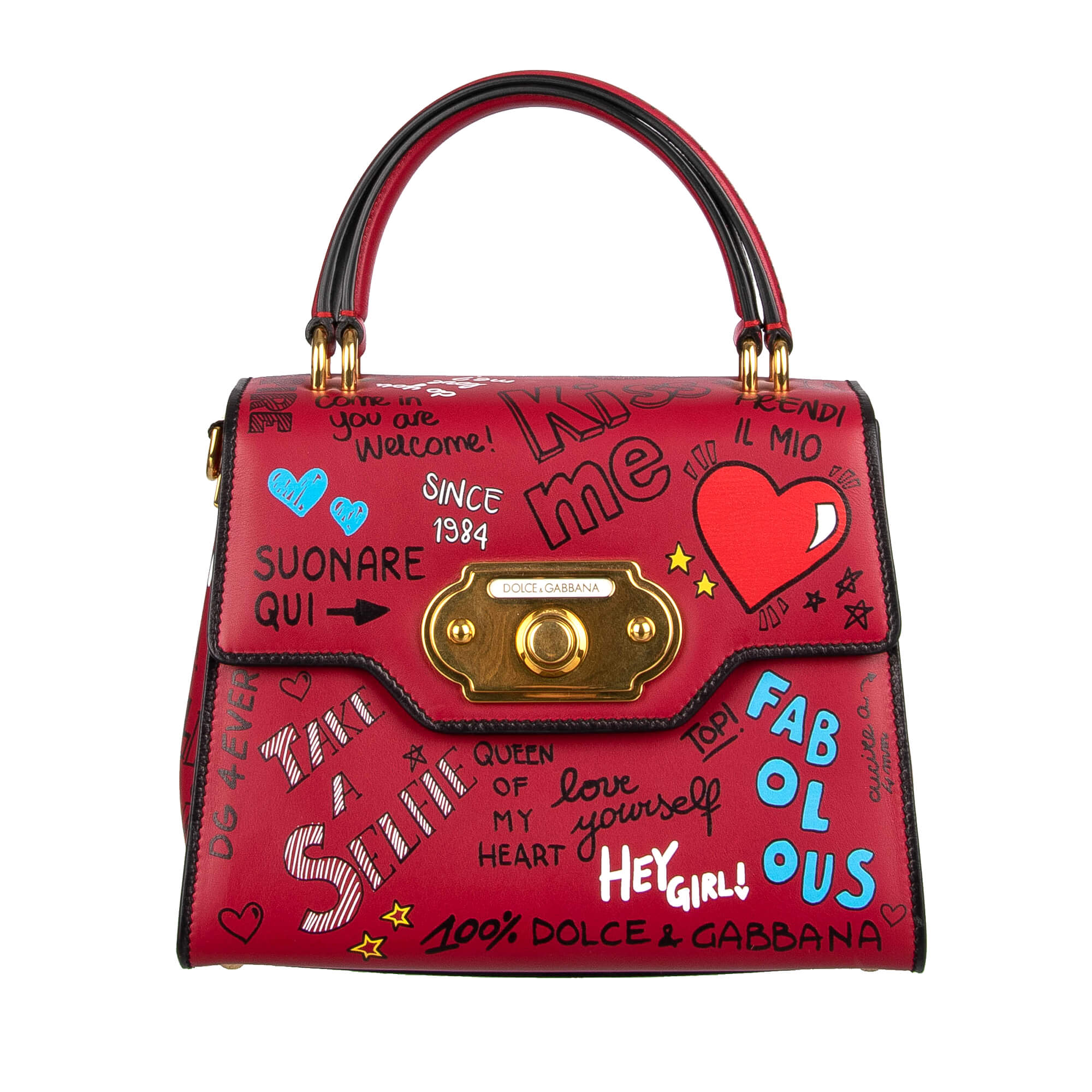 Mural Graffiti Printed leather Tote / Shoulder Bag WELCOME Medium with double handle and letterings "Take a Selfie", "Hey Girl", "In Case of Doubt Overdress", "Kiss me", "Be Different" and others by DOLCE & GABBANA