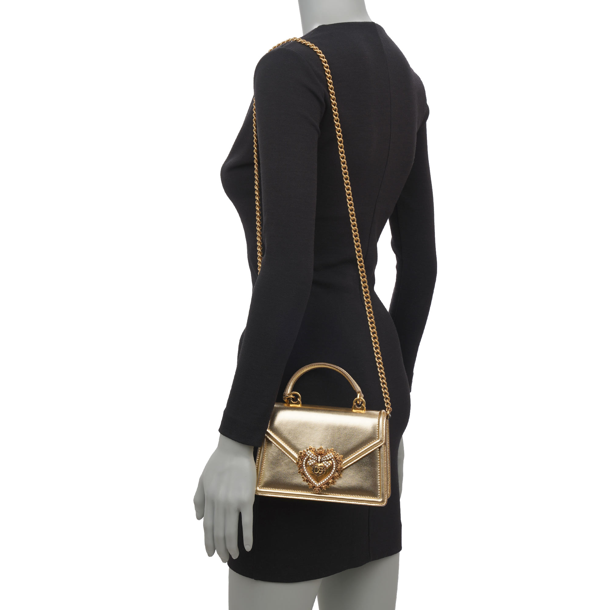 Top Handle / Crossbody Bag DEVOTION Small made of velvet with a jeweled heart buckle with DG Logo and detachable metal chain strap by DOLCE & GABBANA