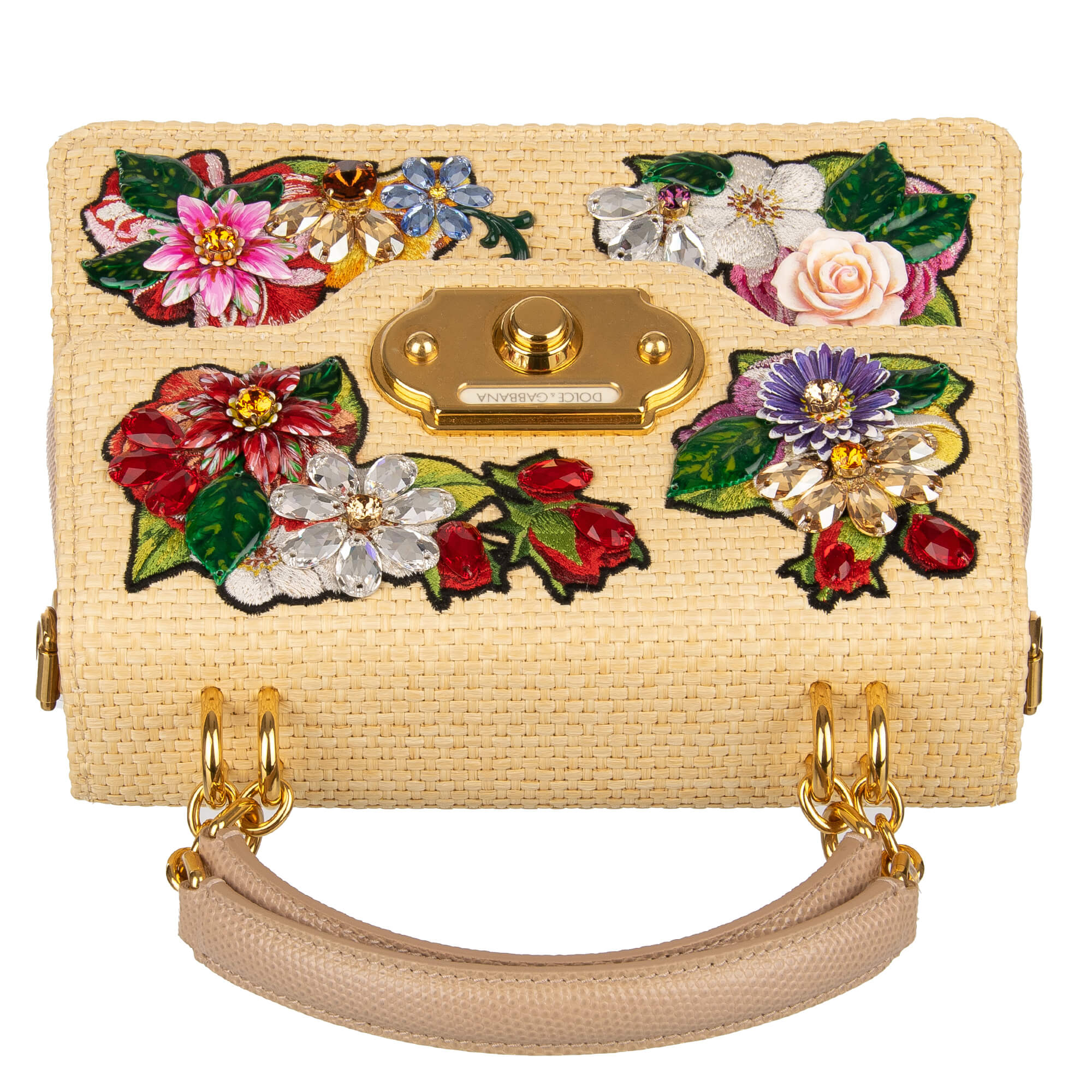 Handtasche / Schultertasche WELCOME Medium aus gewebter Raffia und Leder mit Iguana Textur mit Blumen Stickerei und Kristallen von DOLCE & GABBANA