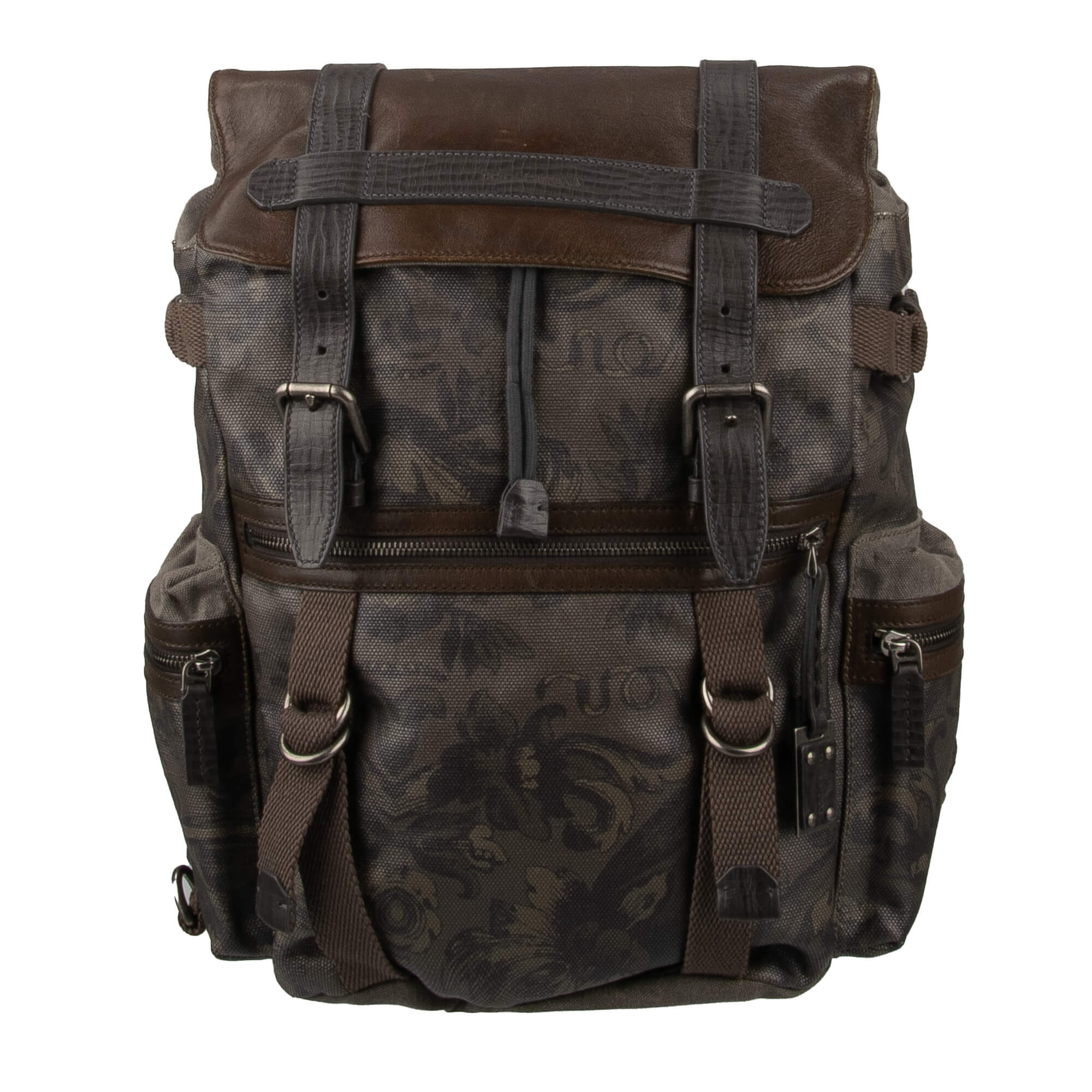Military Canvas Leder Rucksack mit floralem Barock Print und Logo Braun