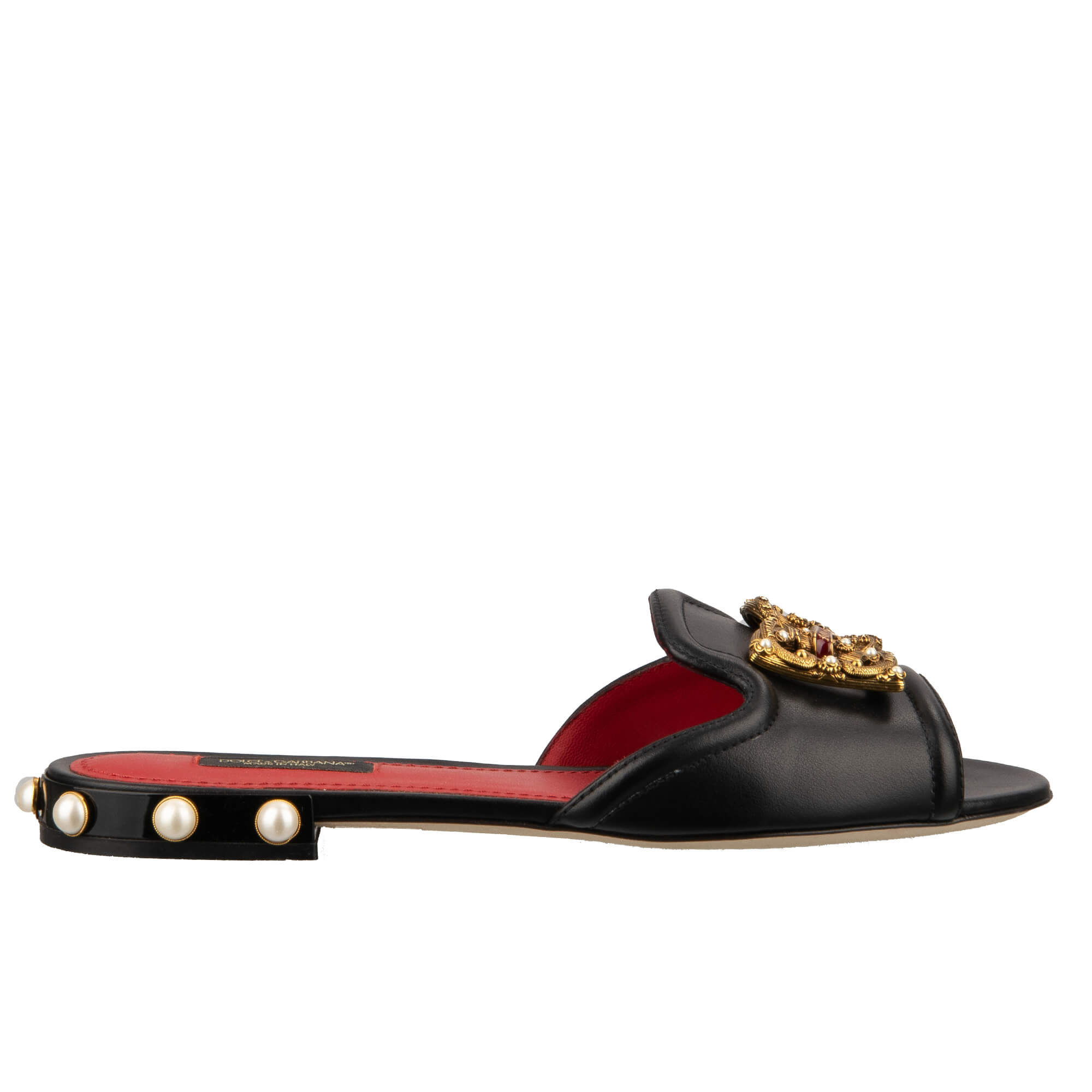 Slide Sandalen aus Leder mit DG Amore Logo und Perlen in schwarz von DOLCE & GABBANA