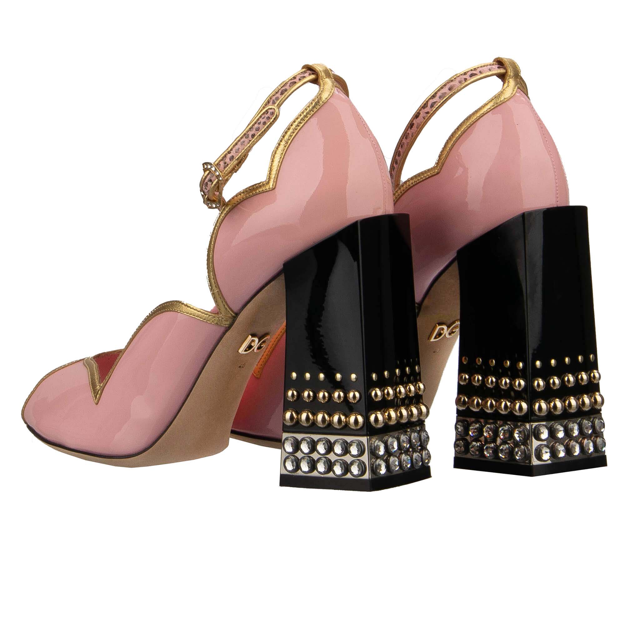 Patent Leather High Heel Sandals BETTE with crystal, pearl embellished heel and snake strap closure by DOLCE & GABBANA