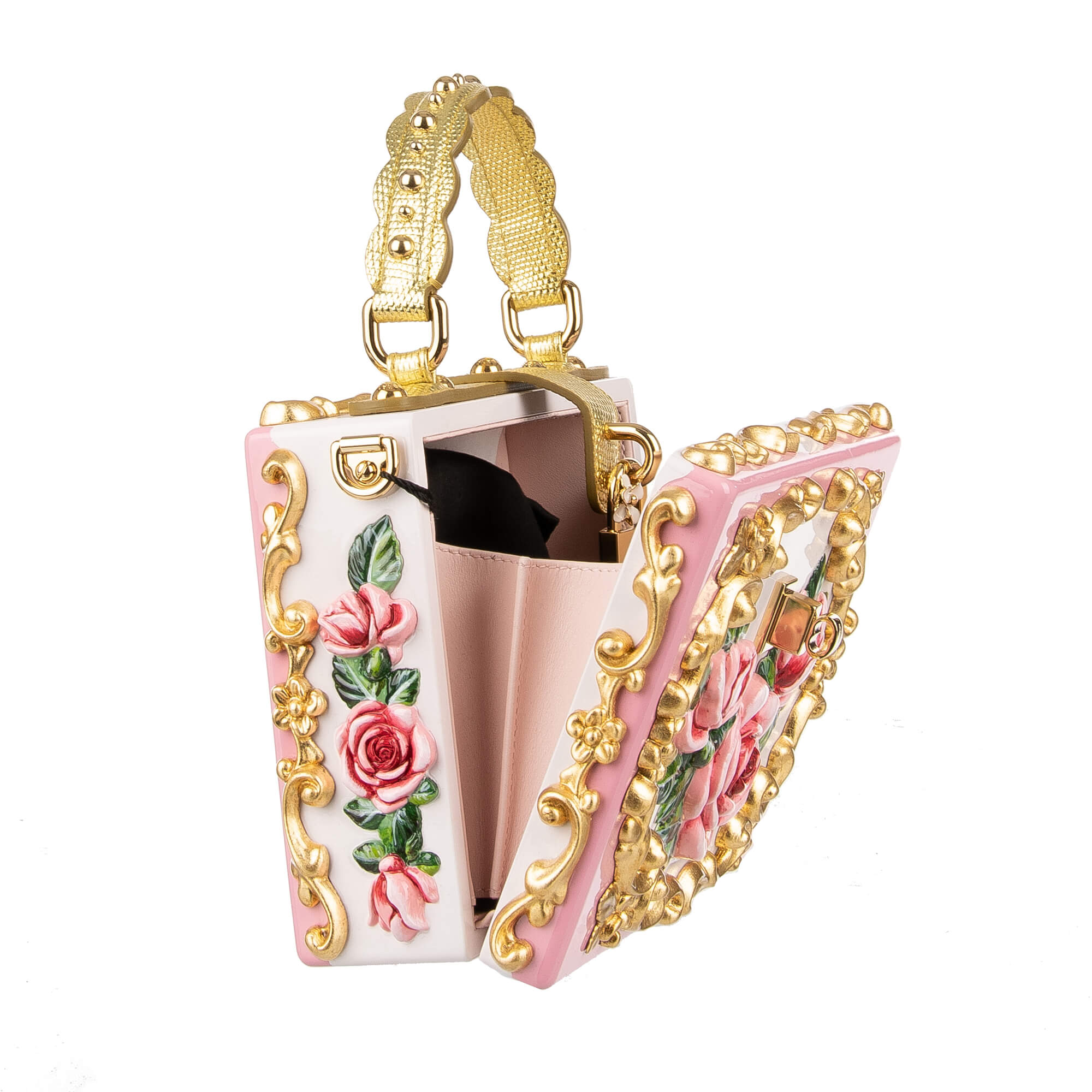 Ceramic vases inspired, hand-painted Top Handle Clutch Bag / Handbag DOLCE BOX made of wood with embossed roses and studs and decorative padlock with enamel flower by DOLCE & GABBANA