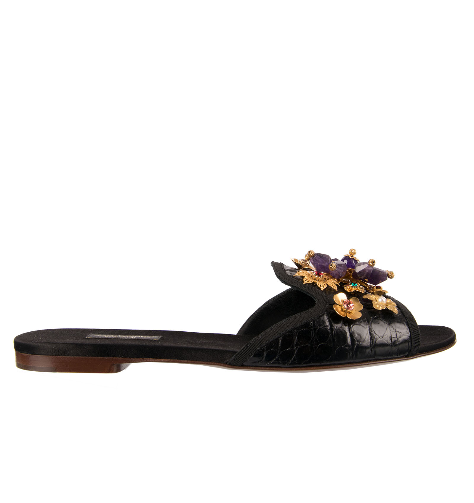 Crocodile Leather Slide Sandals BIANCA embellished with crystals and brass brooch in black by DOLCE & GABBANA