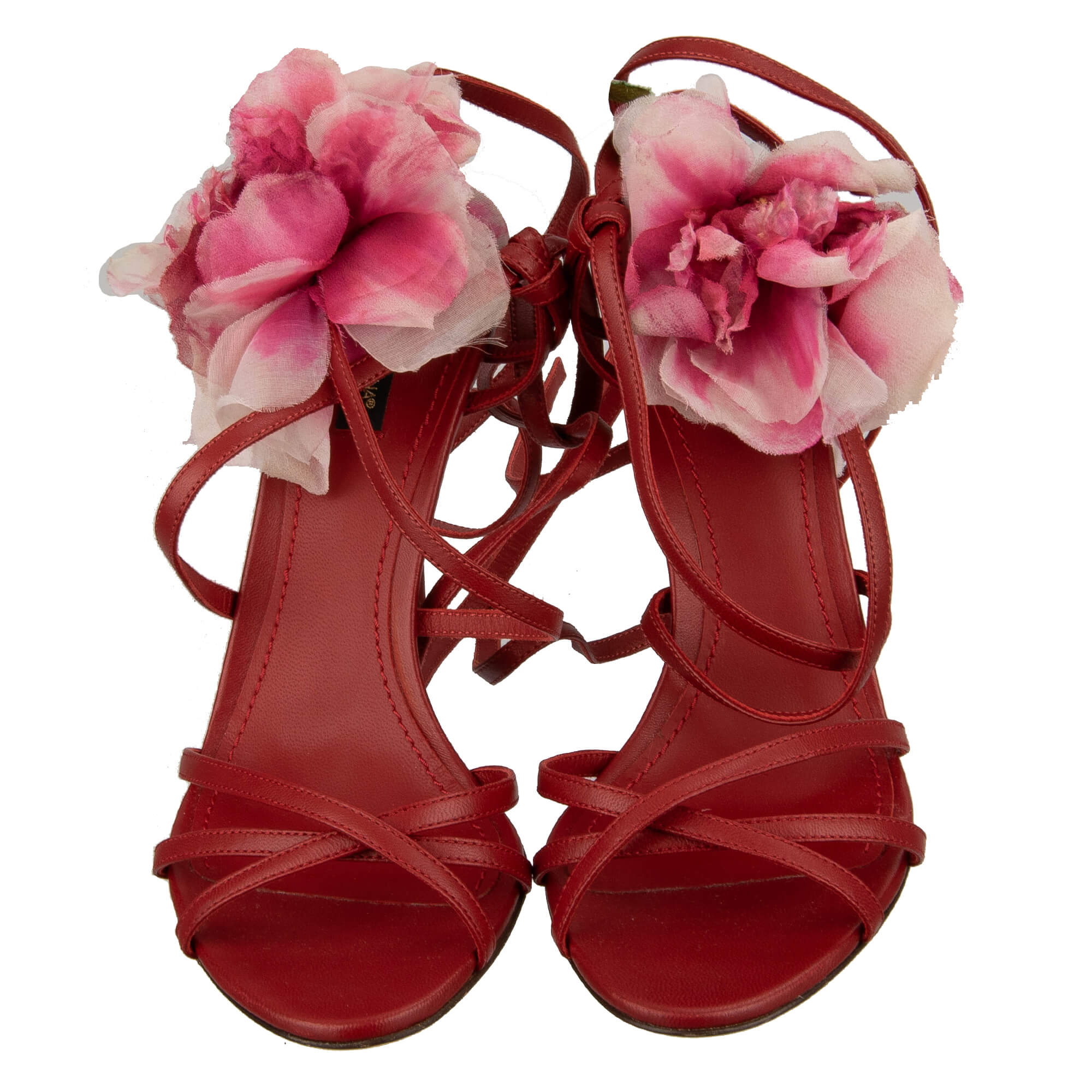 Leder Pumps Sandalen KEIRA mit Seide Pfingstrose und Riemchen in rot von DOLCE & GABBANA