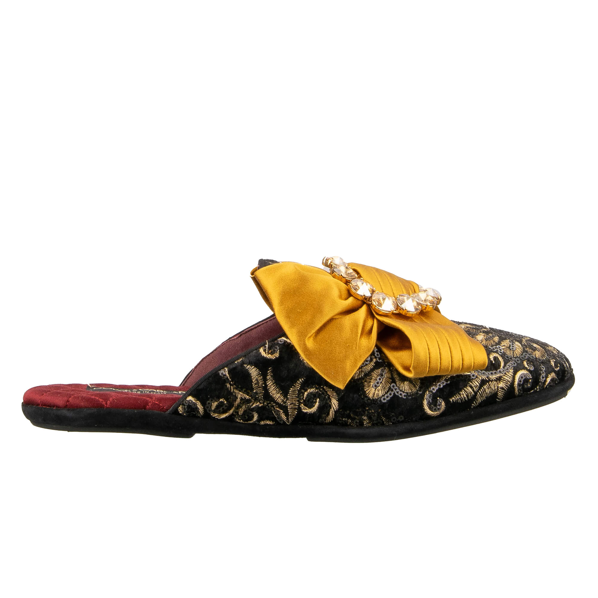 Velvet leather slipper shoes MARCELLO with crystals brooch silk bow and sequins embroidery in black and gold by DOLCE & GABBANA