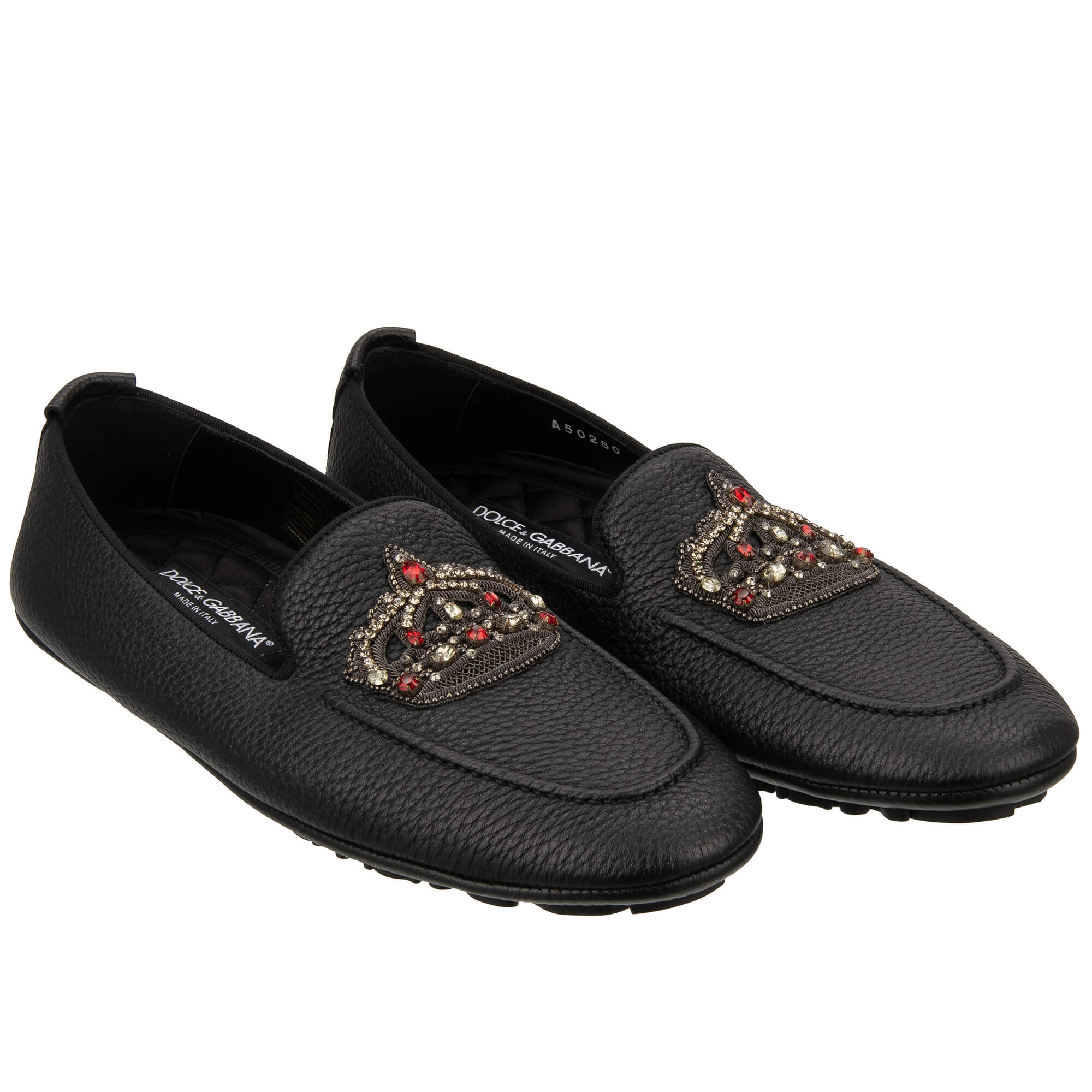 Kristall Barock Krone Leder Loafer Schuhe KING DRIVER Schwarz