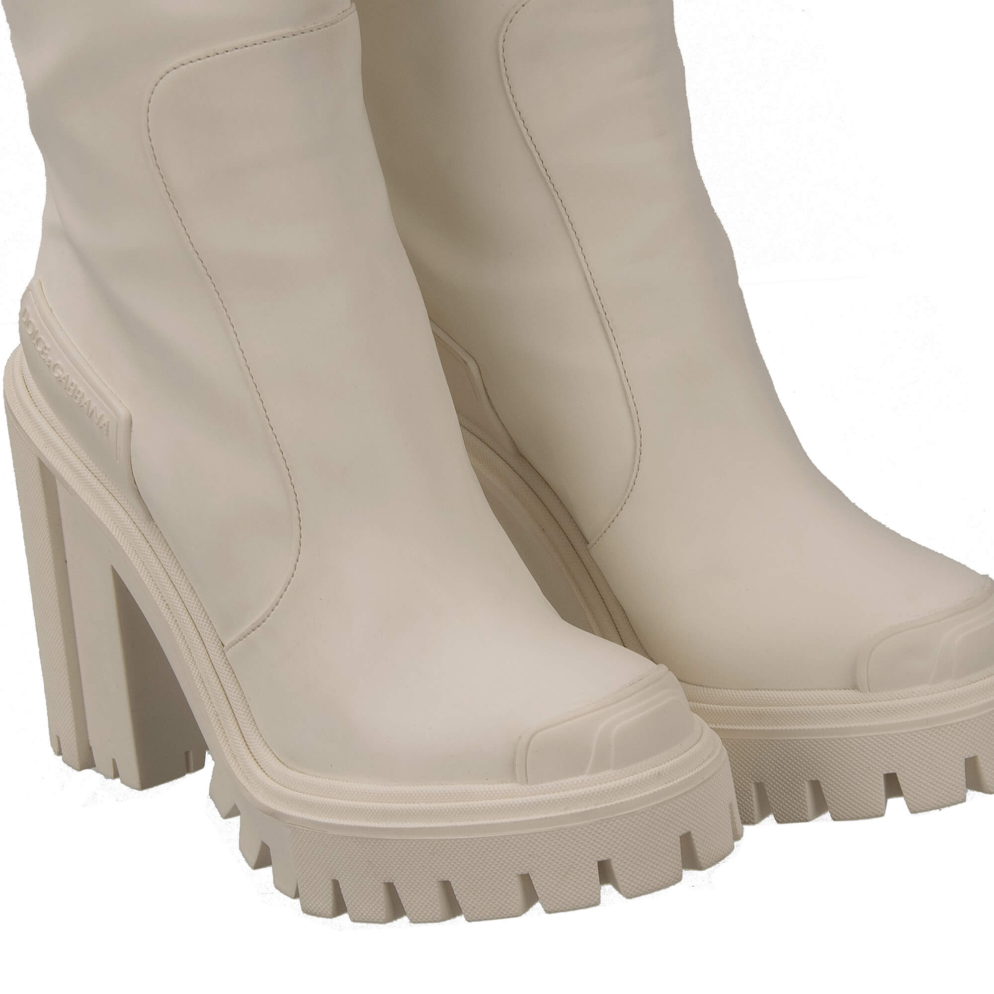 Plateau Faux Rubber Leather Blend Hi Trekking Heels Boots with DG logo in front in white by DOLCE & GABBANA