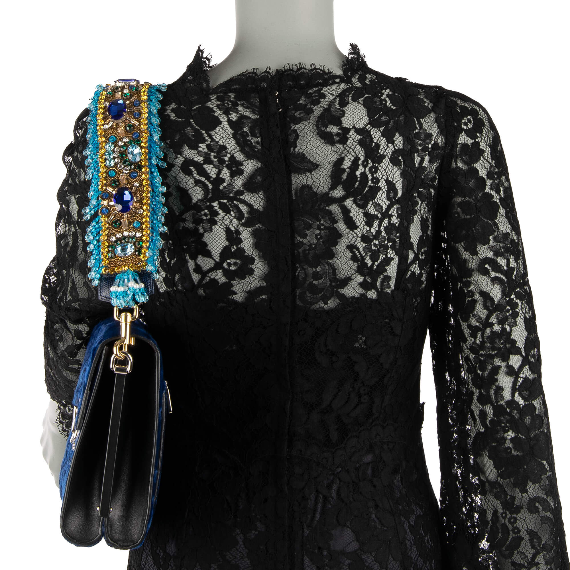 Schulterriemen für Tasche aus Baumwolle und Raffia in Blau und Gold verziert mit Perlen und Kristallen Handstickerei von DOLCE & GABBANA