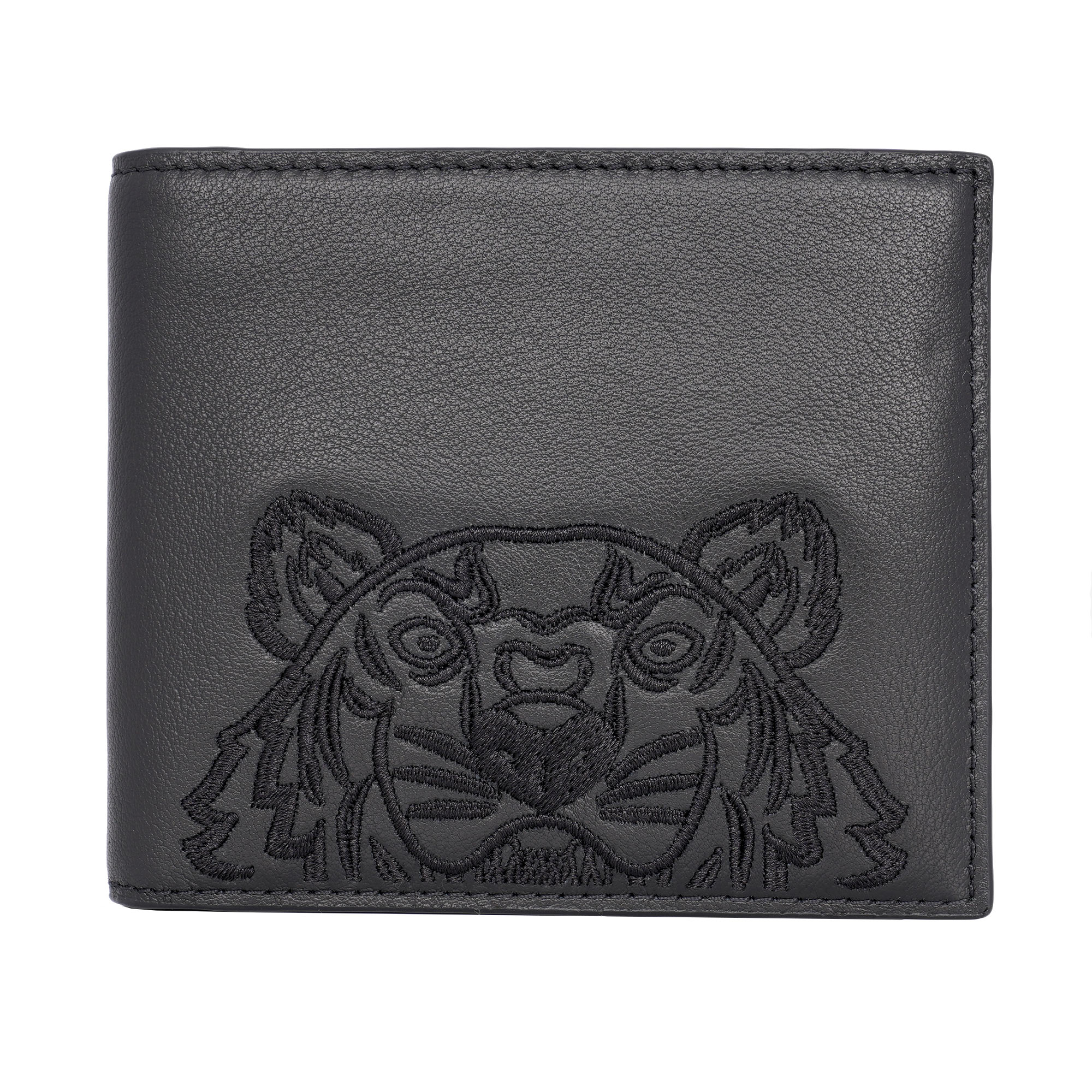 Paris Logo Tiger Stickerei Leder Geldbörse Schwarz