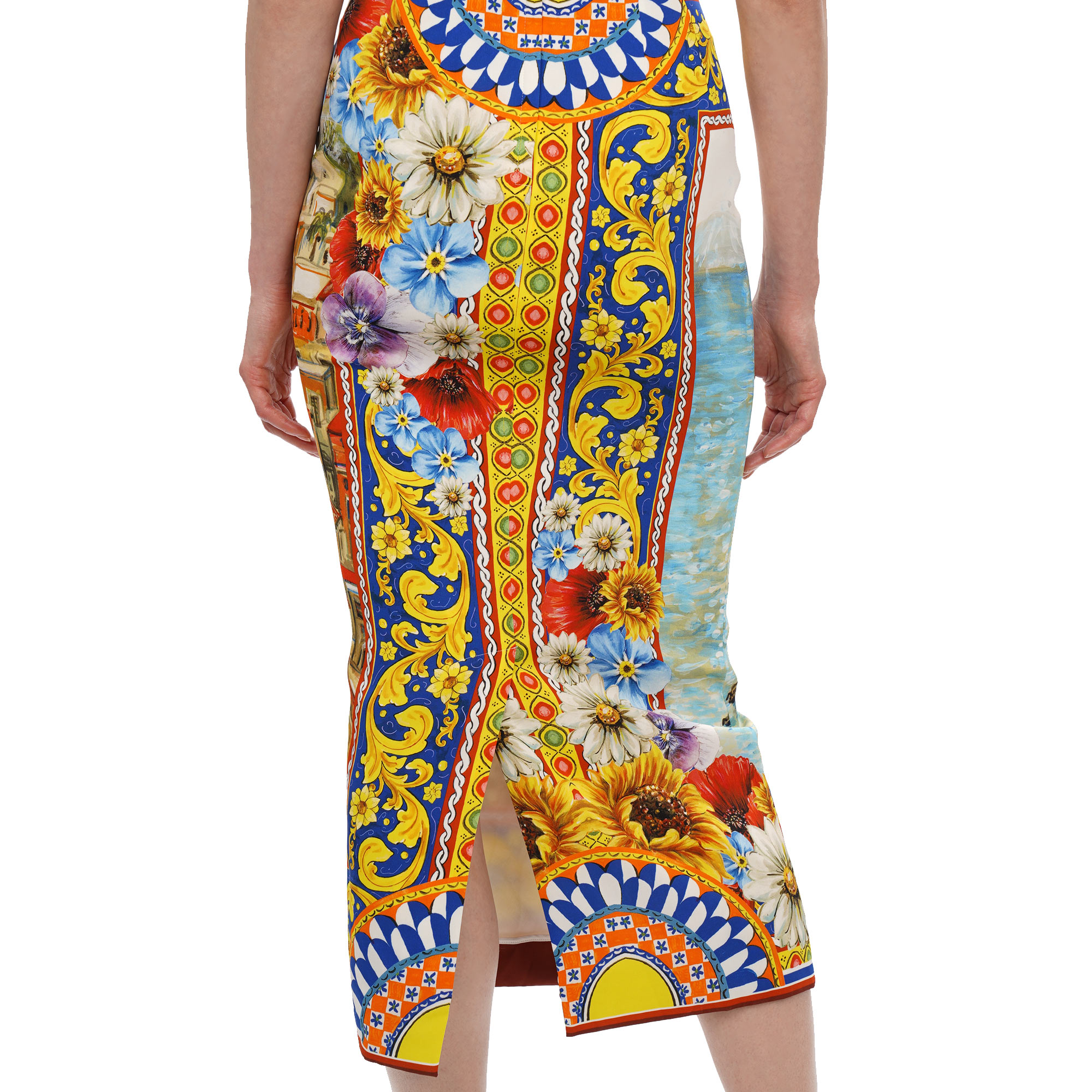 Sorrento Carretto Print Kleid aus Seide mit Pailletten Stickerei in Rot, Blau und Gelb von DOLCE & GABBANA 