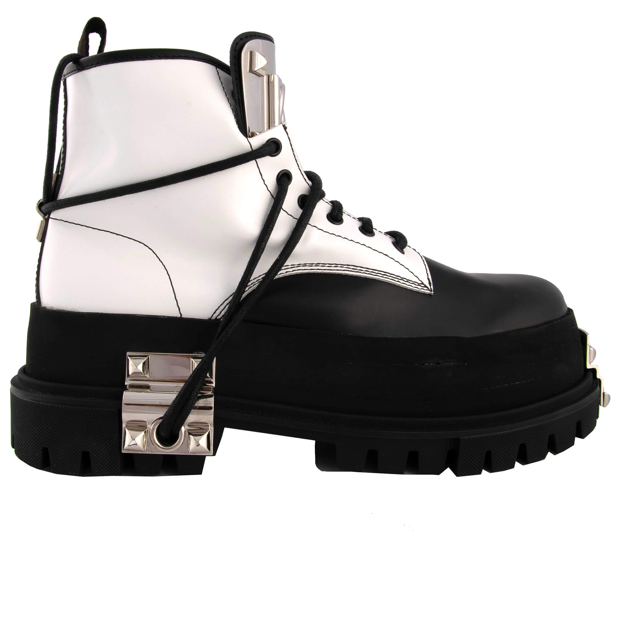 Combat Biker Plateau Stiefel Hi Trek mit Nieten und Logo Schwarz Weiß 44 US 11