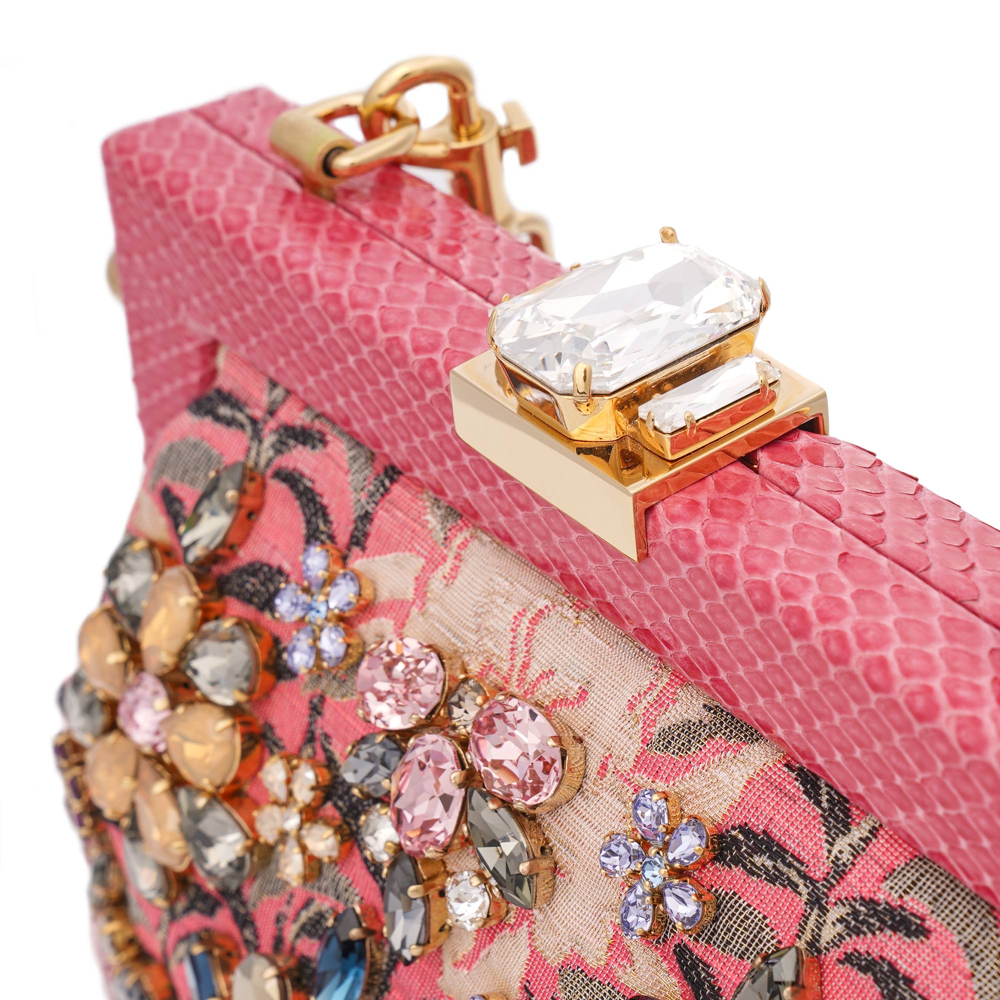 Einzigartige Clutch / Abendtasche VANDA aus Jacquard und Schlangenleder mit Kristallen, Kettenriemen und Griff aus Schlangenleder von DOLCE & GABBANA