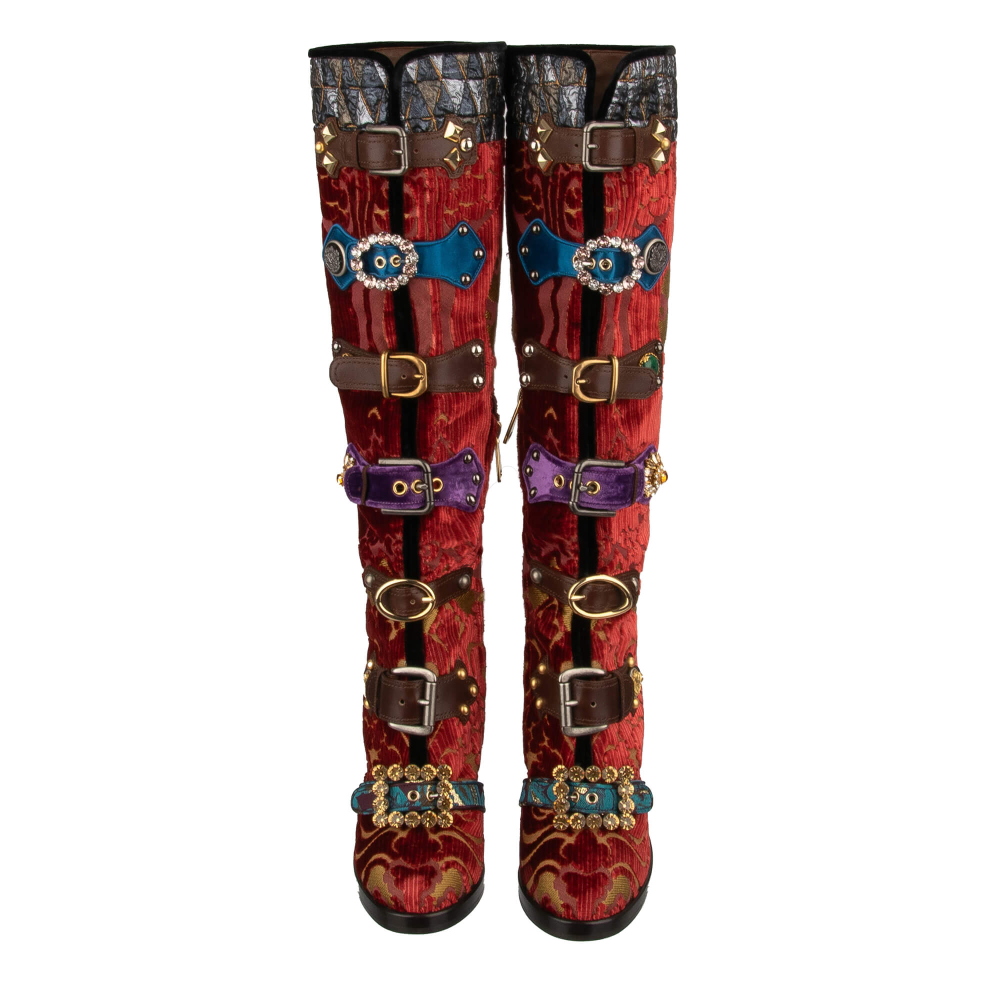 Stiefel LAWRENCE aus Barock Jacquard und Leder mit Kristall, Perlen und Nieten Schnallen von DOLCE & GABBANA