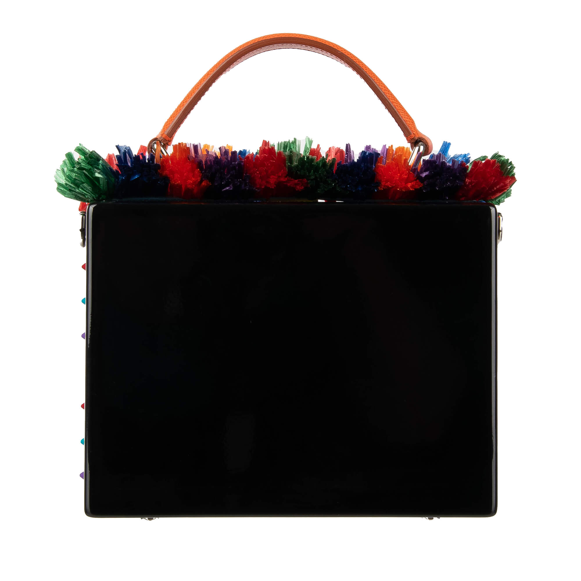 Unique wooden clutch / evening bag DOLCE BOX with Raffia trim, "Cocco Bello Panini Imbottiti" text, multicolor studs and decorative padlock by DOLCE & GABBANA