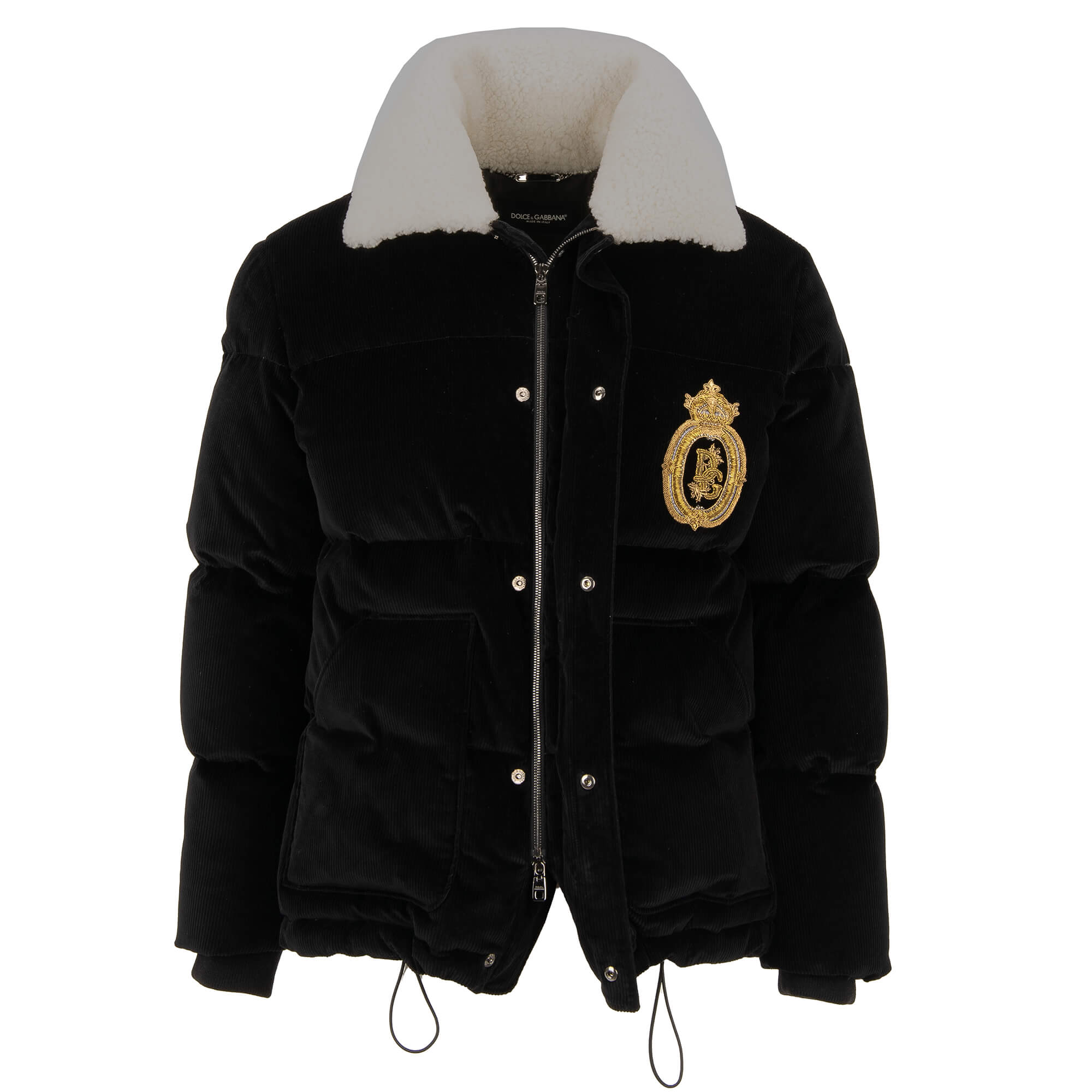 Gefütterte Daunenjacke aus Kord mit Kragen aus Pelz, Logo Krone Stickerei und Außentaschen von DOLCE & GABBANA 