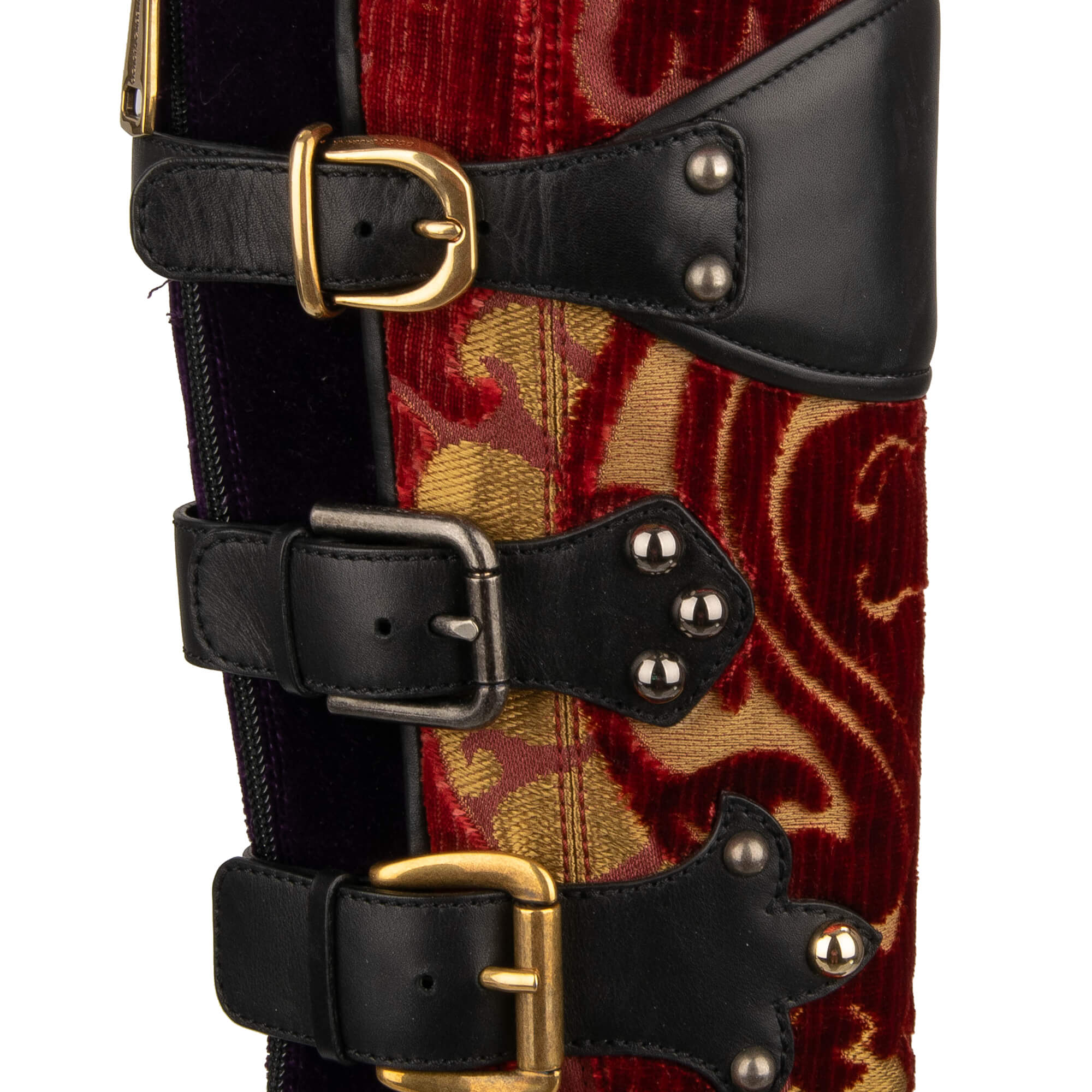 Stiefel BIKER aus Samt, Barock Jacquard und Leder mit Nieten in Schwarz, Ror und Lila von DOLCE & GABBANA