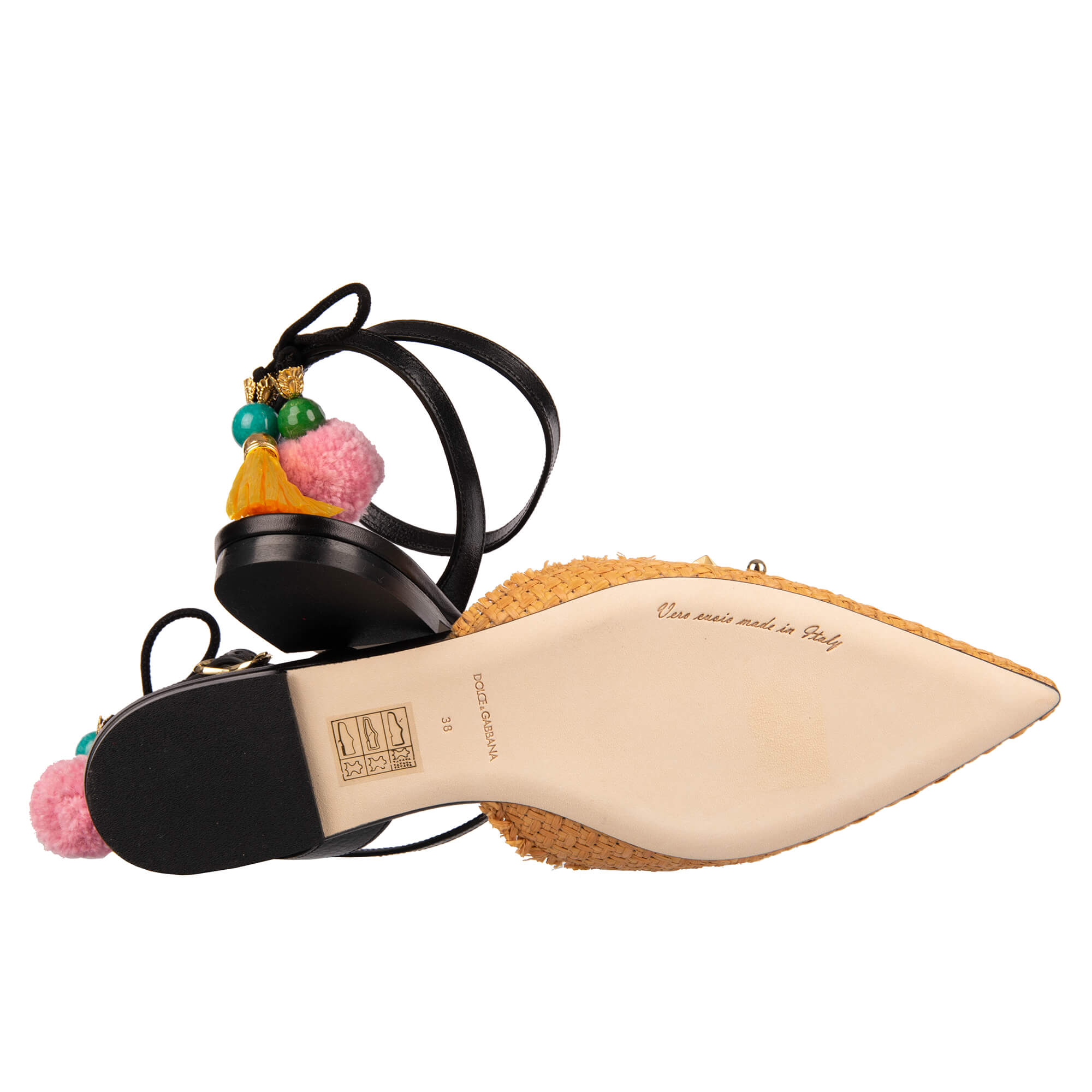 Flache Slingback Schuhe BELLUCCI aus Leder und Bast mit Nieten, Pom-Poms und Anker Applikation von DOLCE & GABBANA