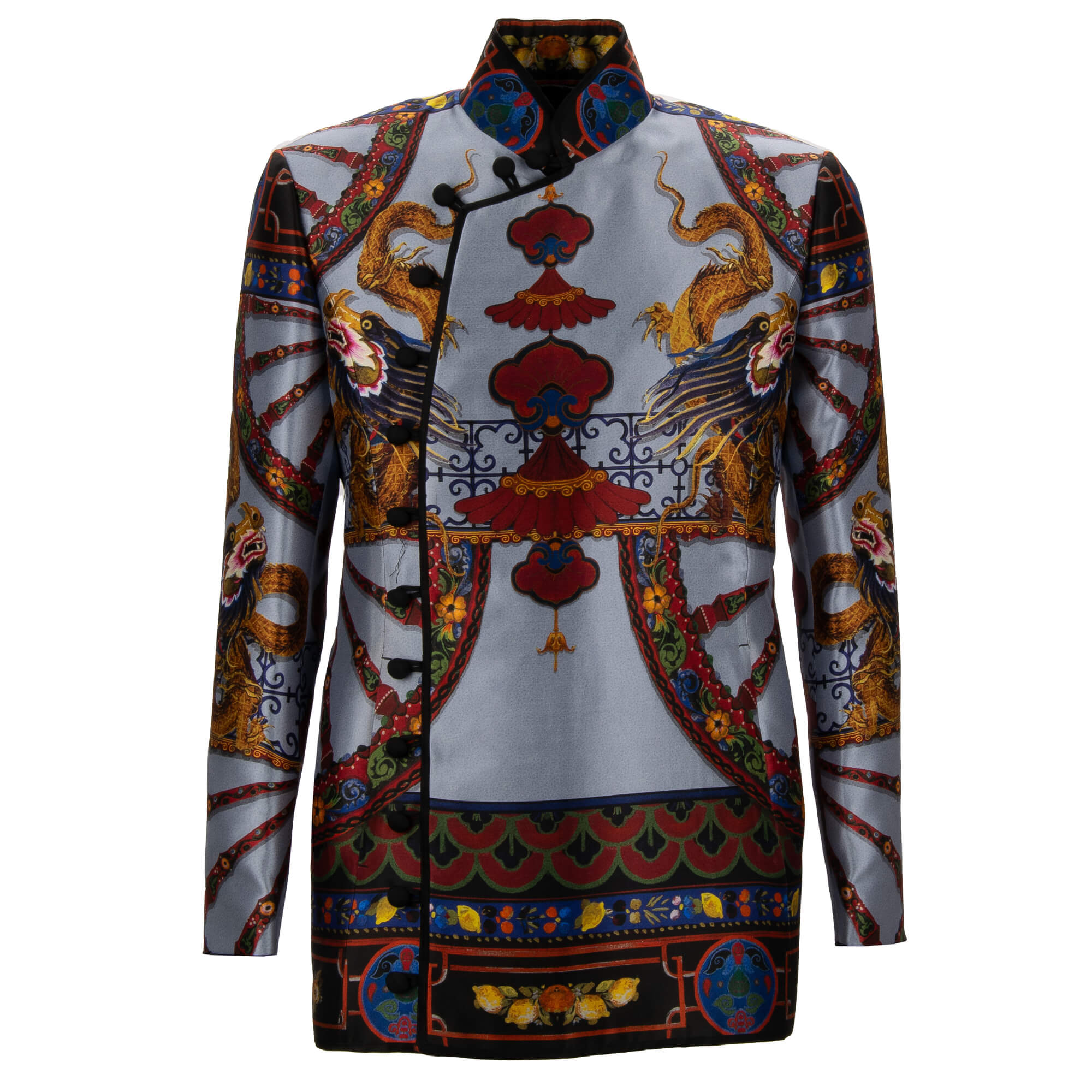 Carretto Dragon Printed Silk Blazer Jacket Blue 46 S