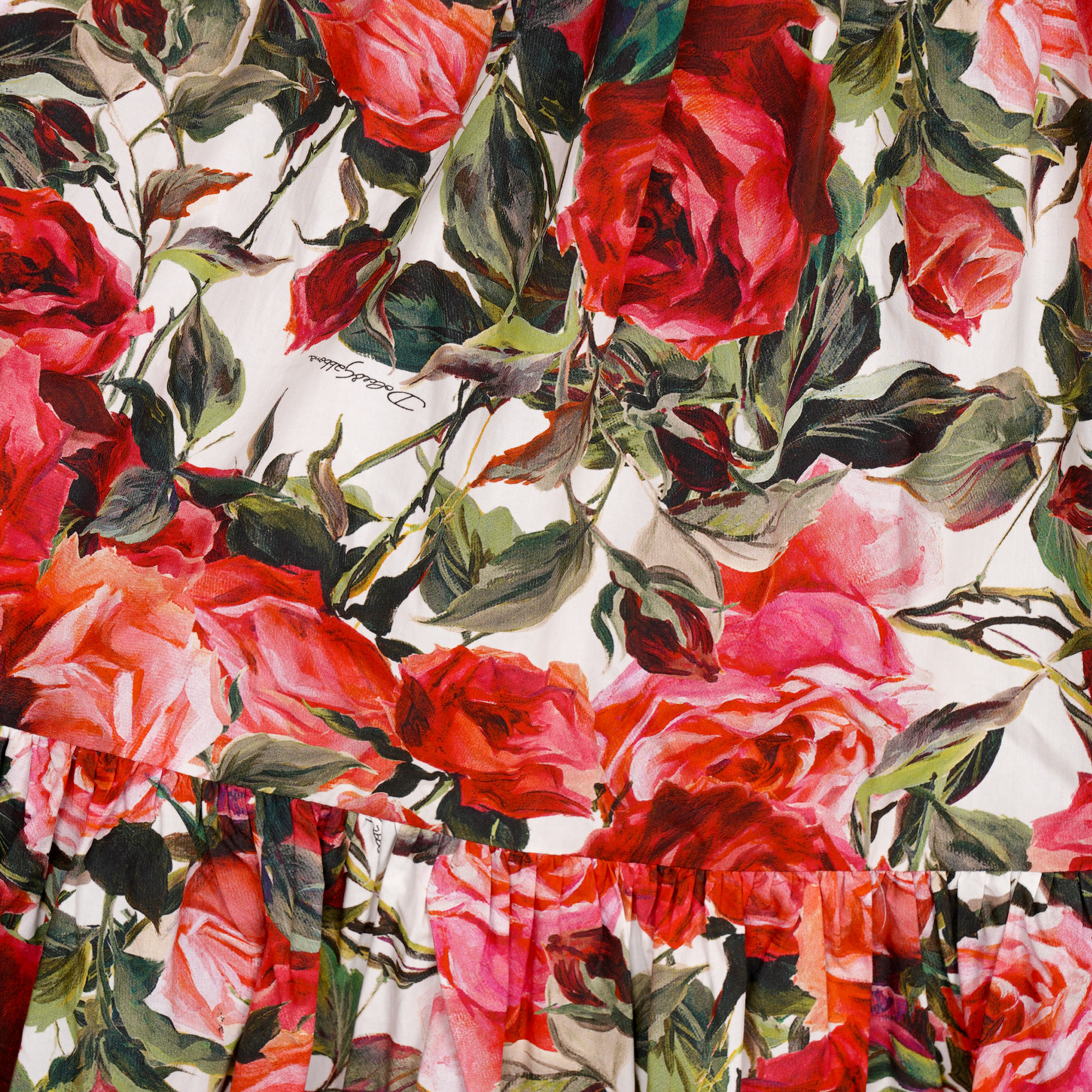 Langes Korsett Kleid aus Baumwolle mit Rosen Blumen Print in Weiß, Pink und Rot von DOLCE & GABBANA