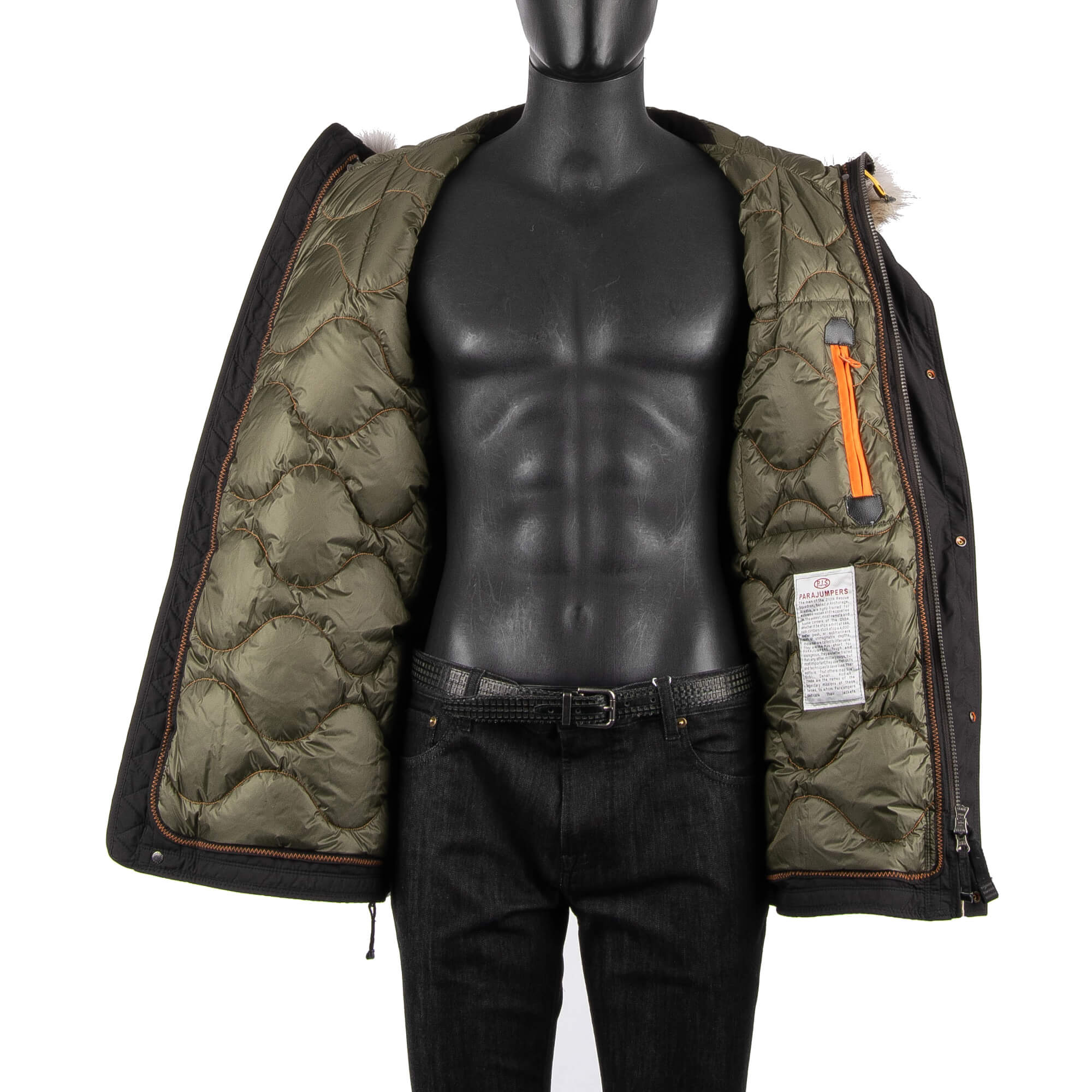 Parka / Daunenjacke RIGHT HAND LIGHT aus leichtem Polyester-Polyurethan-Popeline mit abnehmbarem Echtpelzbesatz, Kapuze, vielen Taschen und Daunenfutter in Raven Schwarz