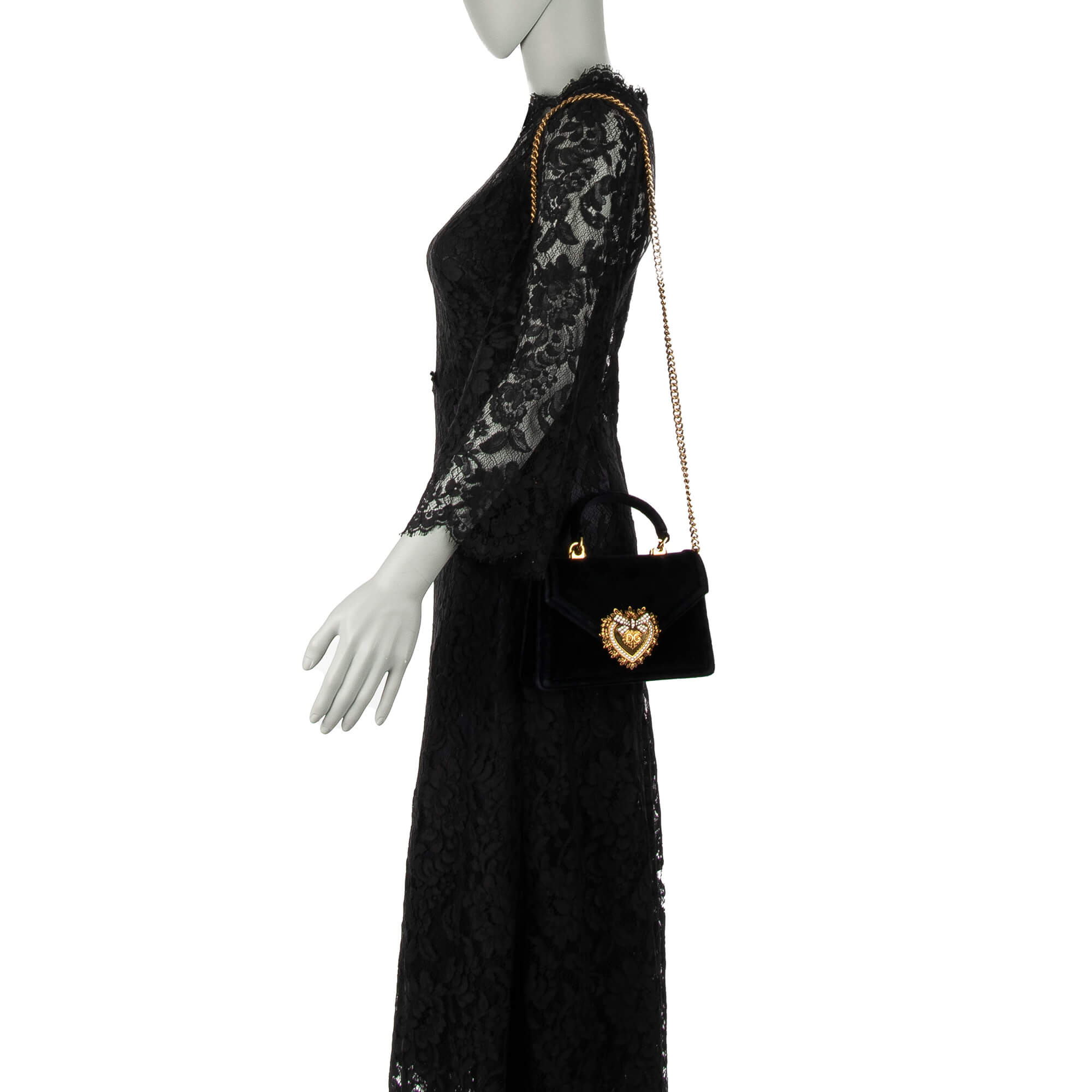 Top Handle / Crossbody Velvet Bag DEVOTION with a jeweled heart buckle with DG Logo and detachable metal chain strap by DOLCE & GABBANA