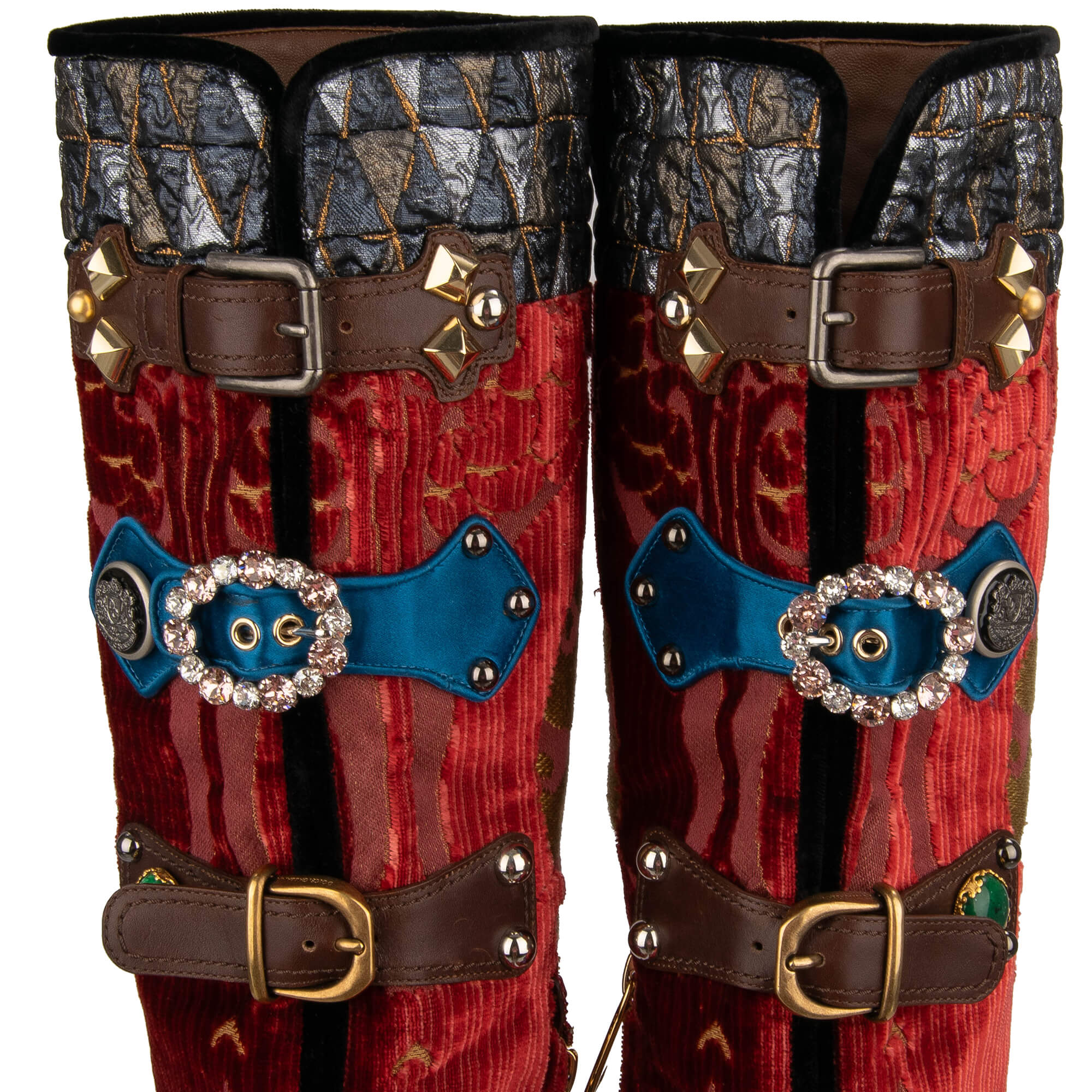 Stiefel LAWRENCE aus Barock Jacquard und Leder mit Kristall, Perlen und Nieten Schnallen von DOLCE & GABBANA
