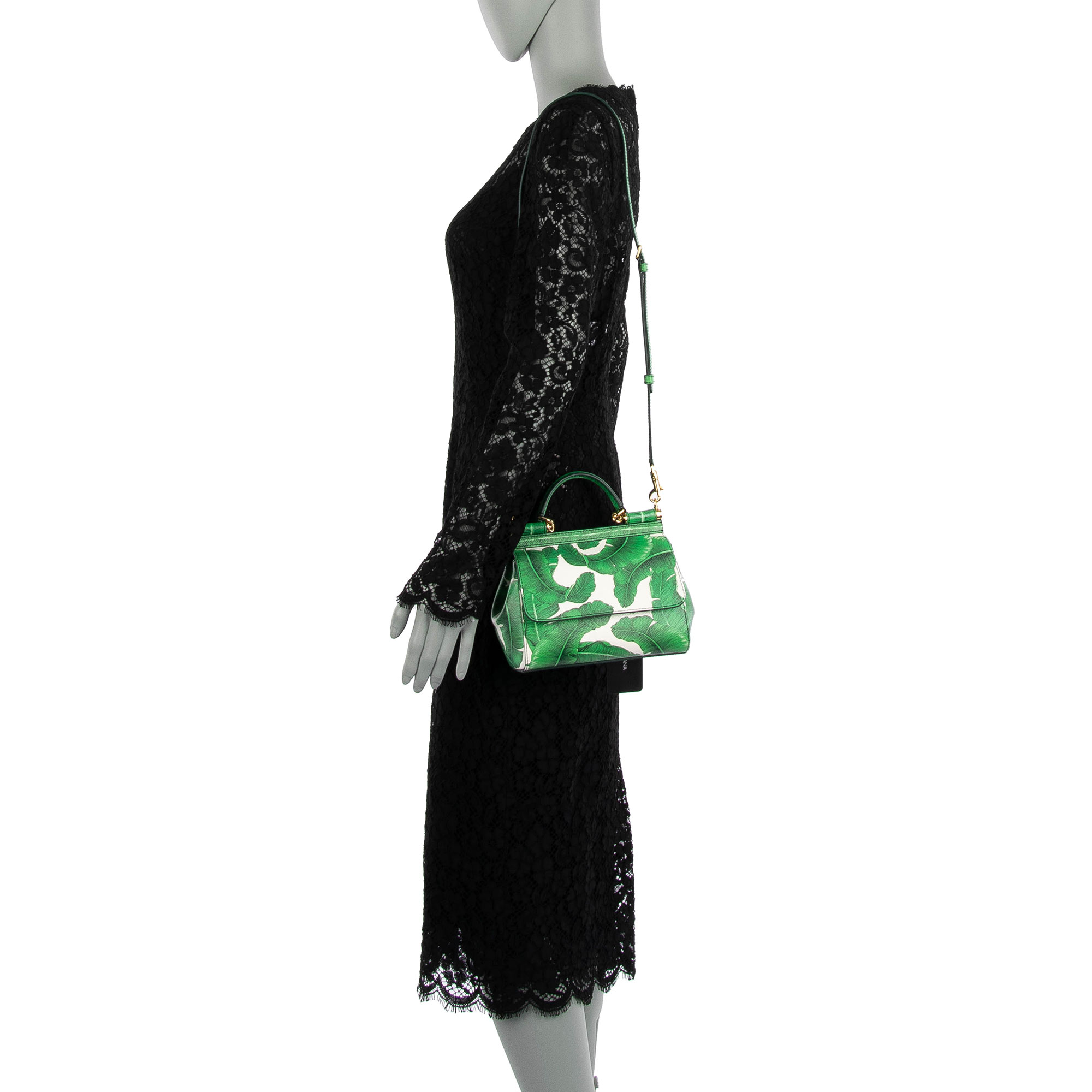 Hand- / Schultertasche SICILY Mini aus Dauphine Leder mit Bananenblätter / Palmen Print und Logo Schild von DOLCE & GABBANA