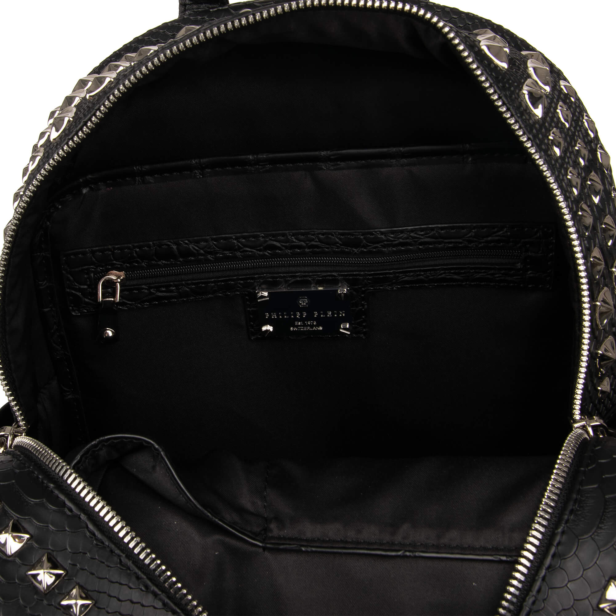 Studded PVC Backpack NOW with snake texture and logo plates by PHILIPP PLEIN