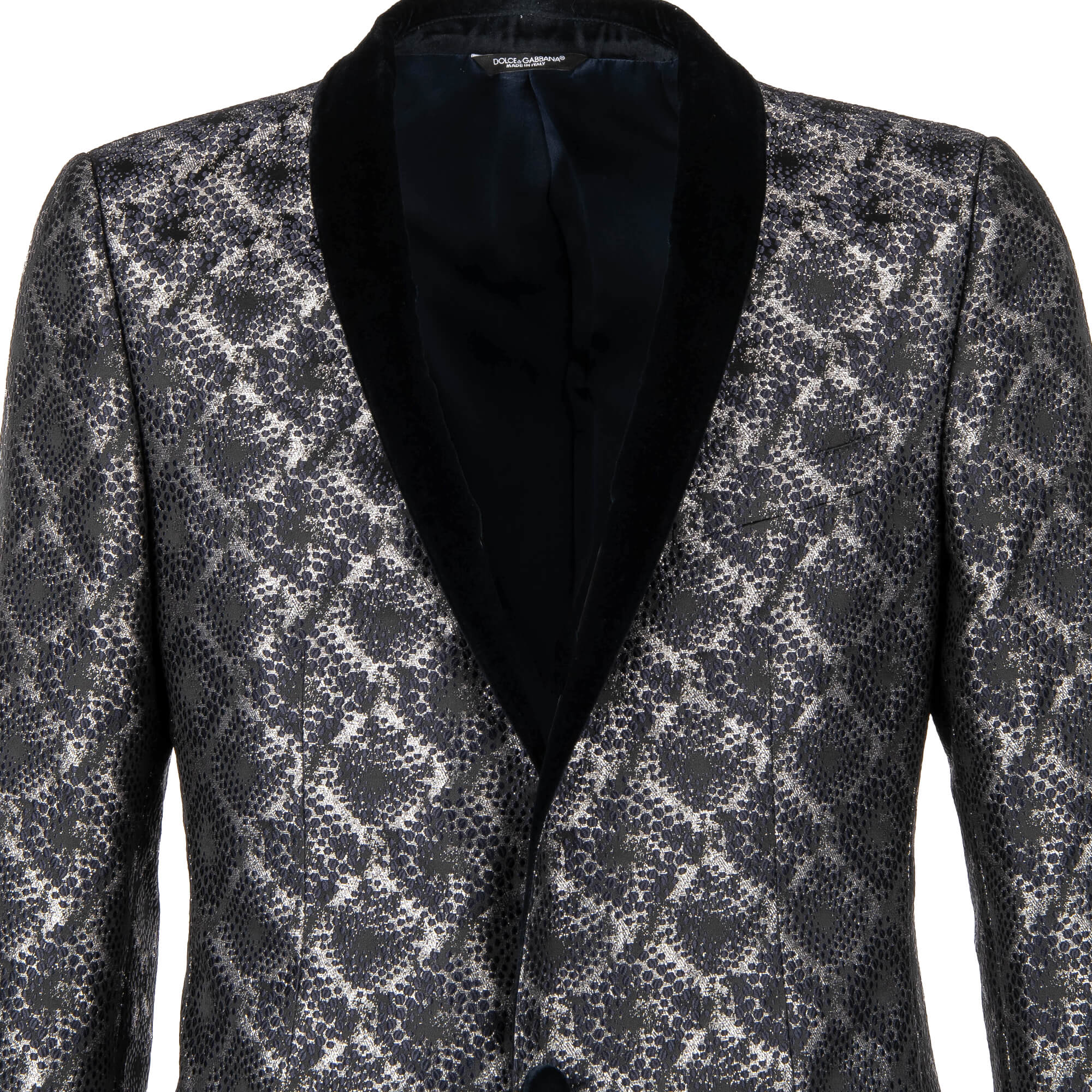 Glänzender Lurex Tuxedo Blazer GOLD in Blau und Silber mit Kontrast Schal-Revers aus Samt von DOLCE & GABBANA
