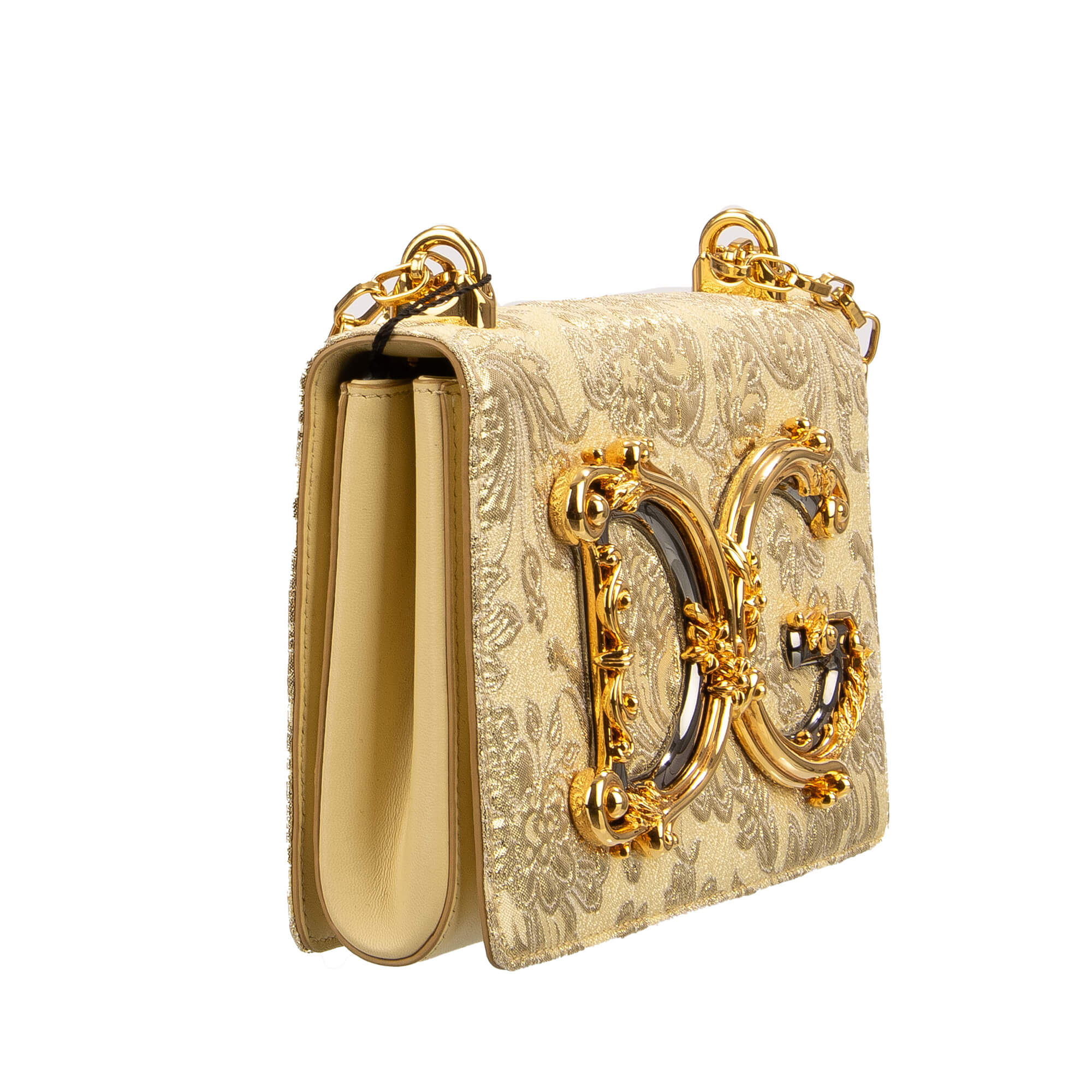 Clutch / Crossbody Bag DG GIRLS Medium made of gold brocade and nappa leather with a large enameled baroque style DG Logo and vintage chain strap by DOLCE & GABBANA