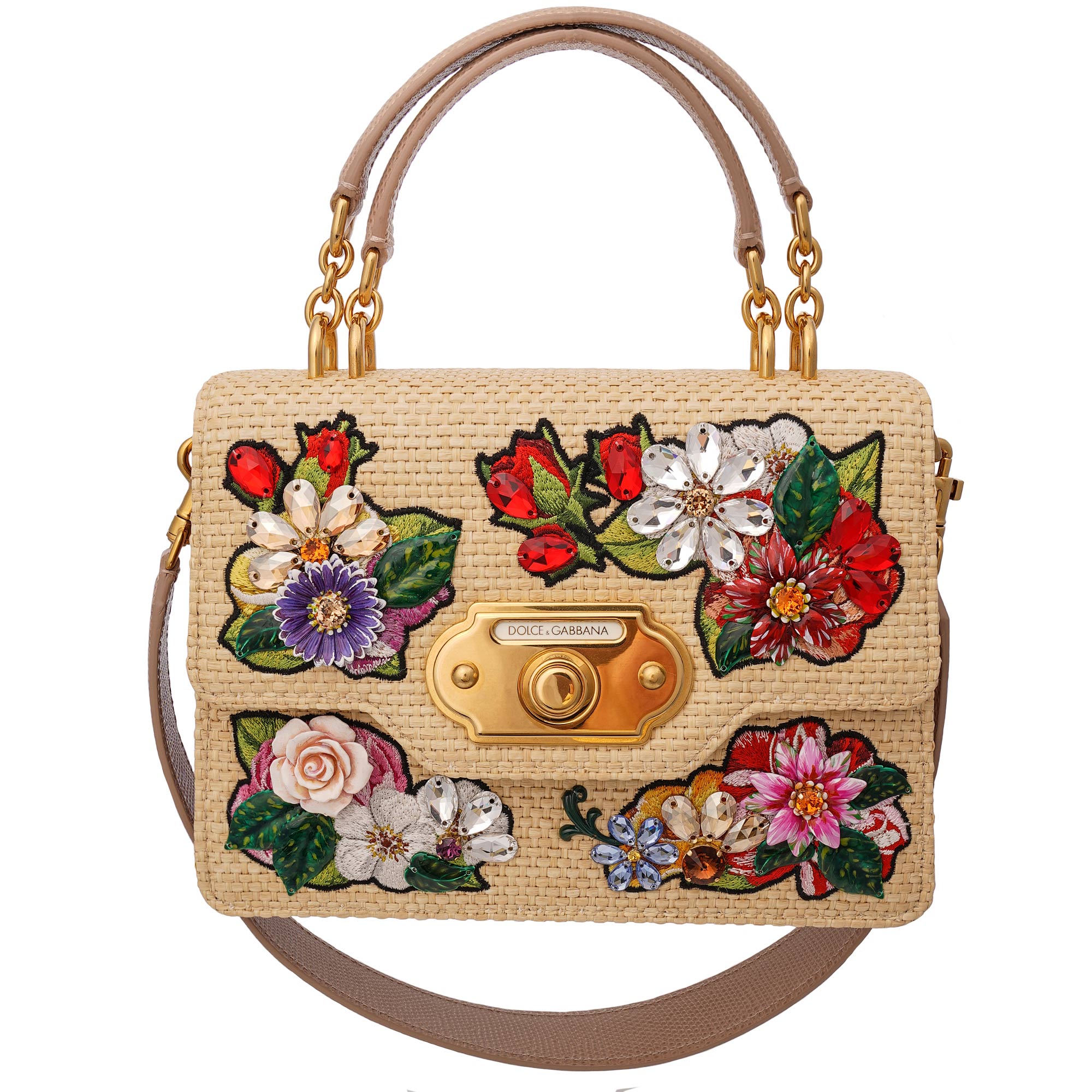 Handtasche / Schultertasche WELCOME Medium aus gewebter Raffia und Leder mit Iguana Textur mit Blumen Stickerei und Kristallen von DOLCE & GABBANA