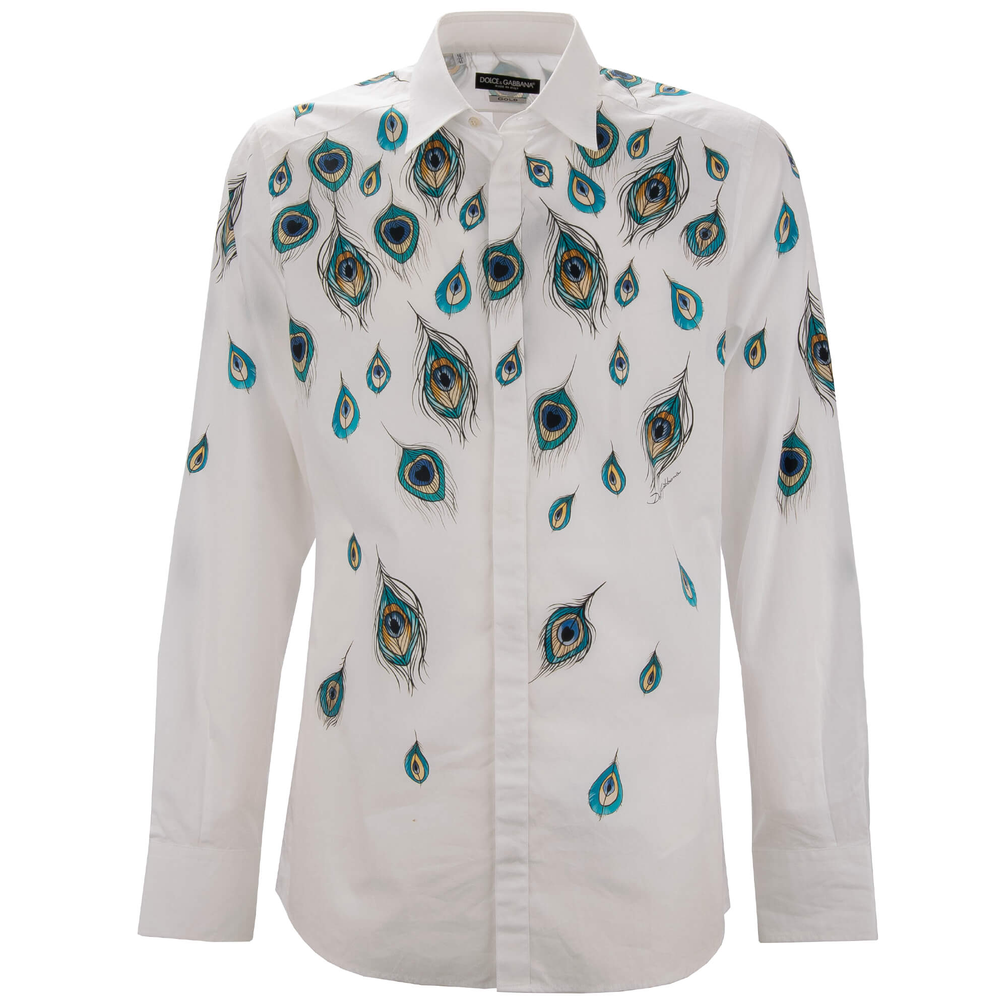 Peacock Feather Print Cotton Shirt GOLD White 41 16 M L 