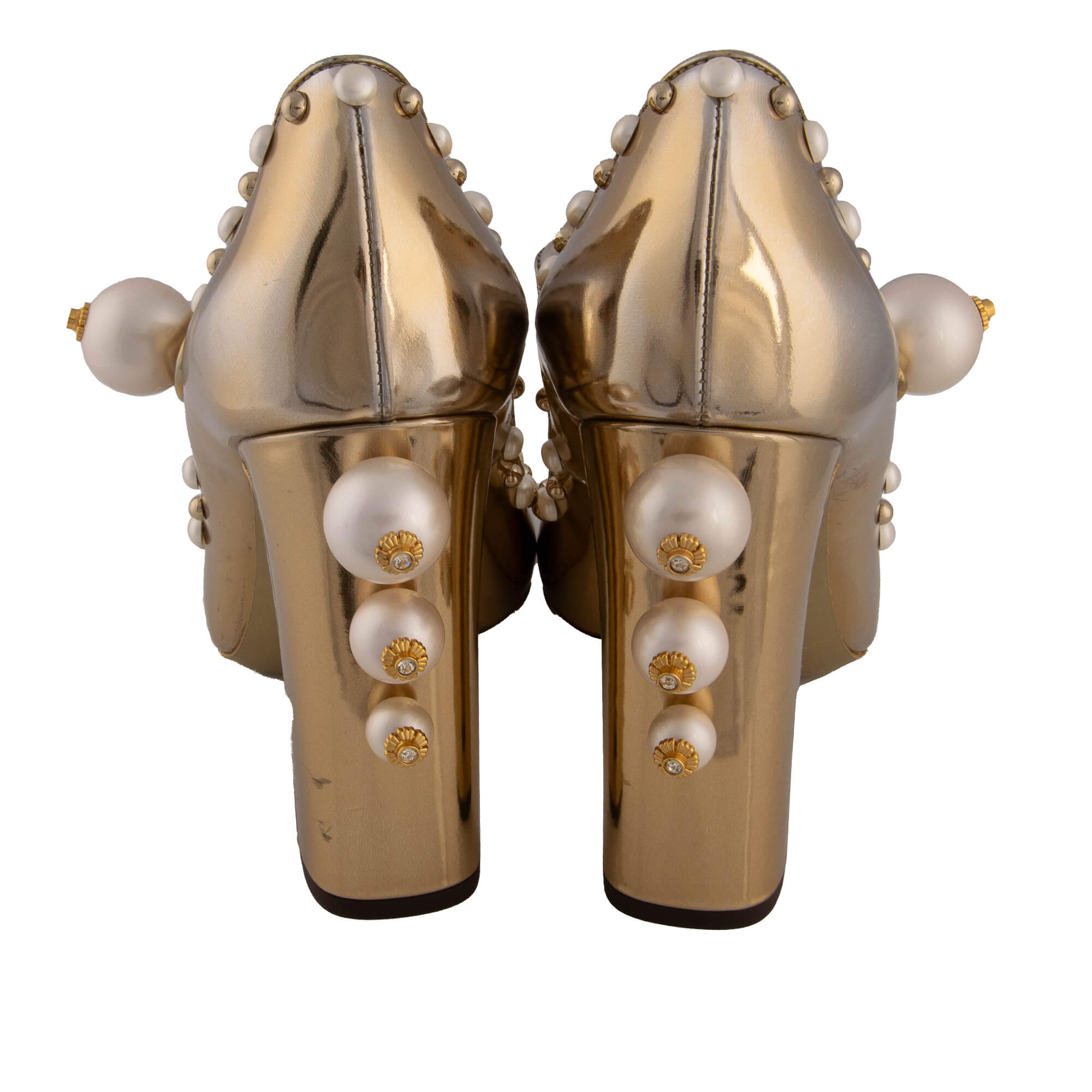 Patent leather Mary Jane Pumps VALLY with crystal pearls, elastic button closure and rose in gold by DOLCE & GABBANA