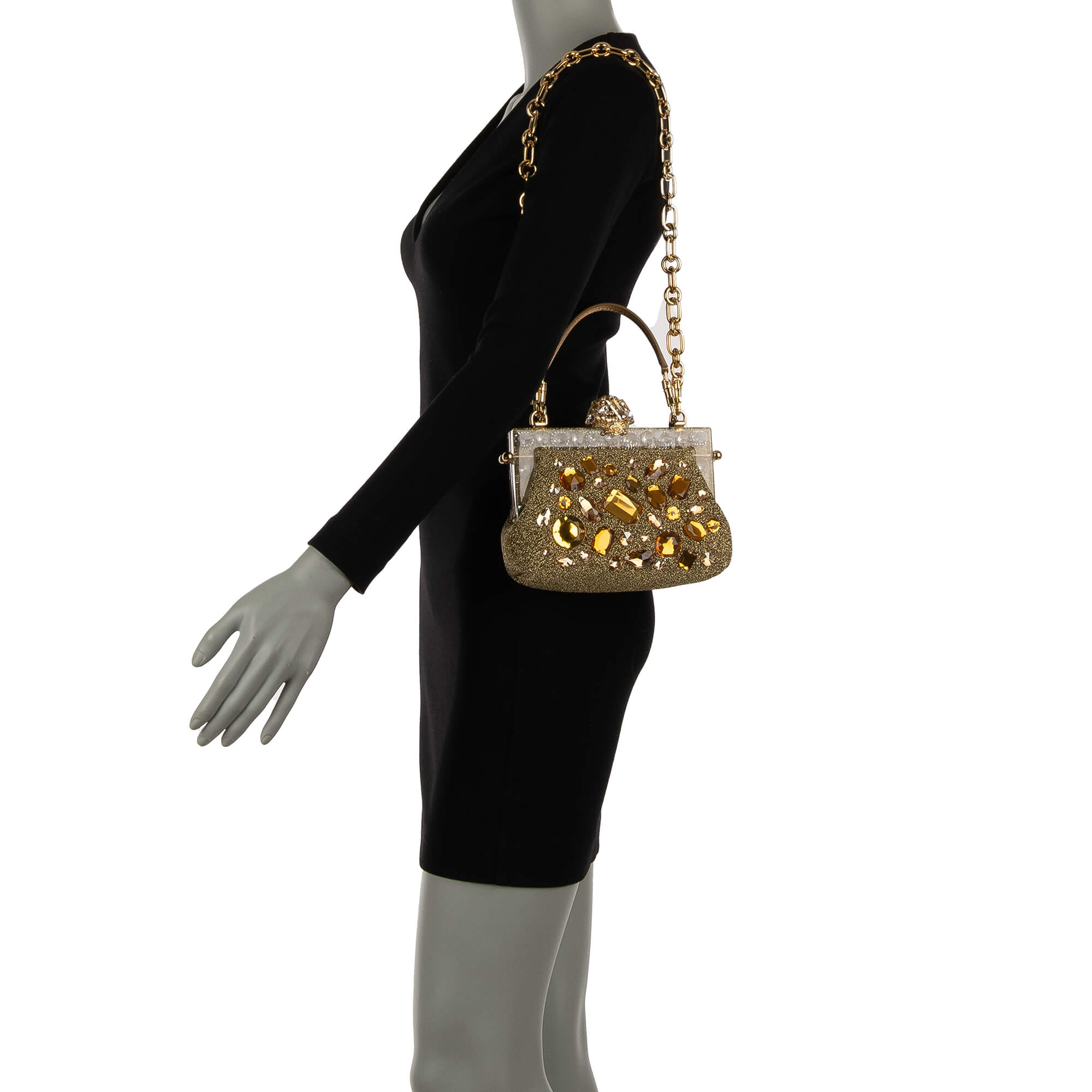 Clutch / Abendtasche VANDA aus Lurex mit Kristallen, Kettenriemen, Riemen aus Leder und mit Kristallen beschmücktem Rahmen von DOLCE & GABBANA