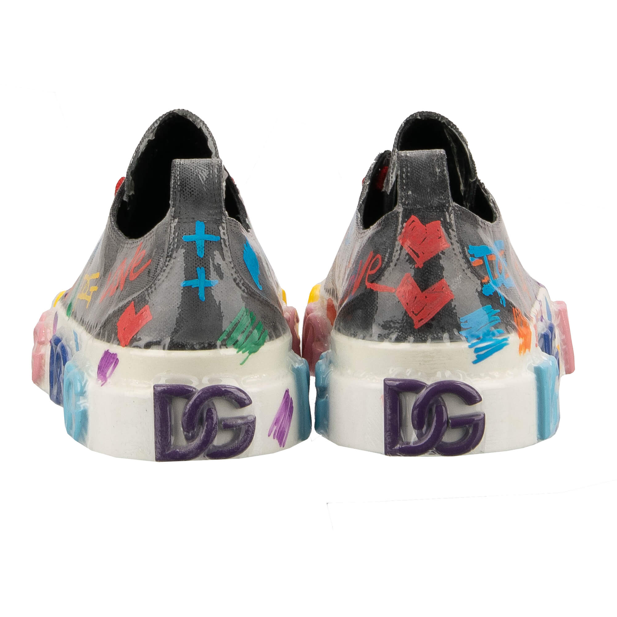 Graffiti Herren Low Top Stoff und Leder Sneaker PORTOFINO mit DG Gold Logo und Plastik Folie Design in Grau und Weiß von DOLCE & GABBANA