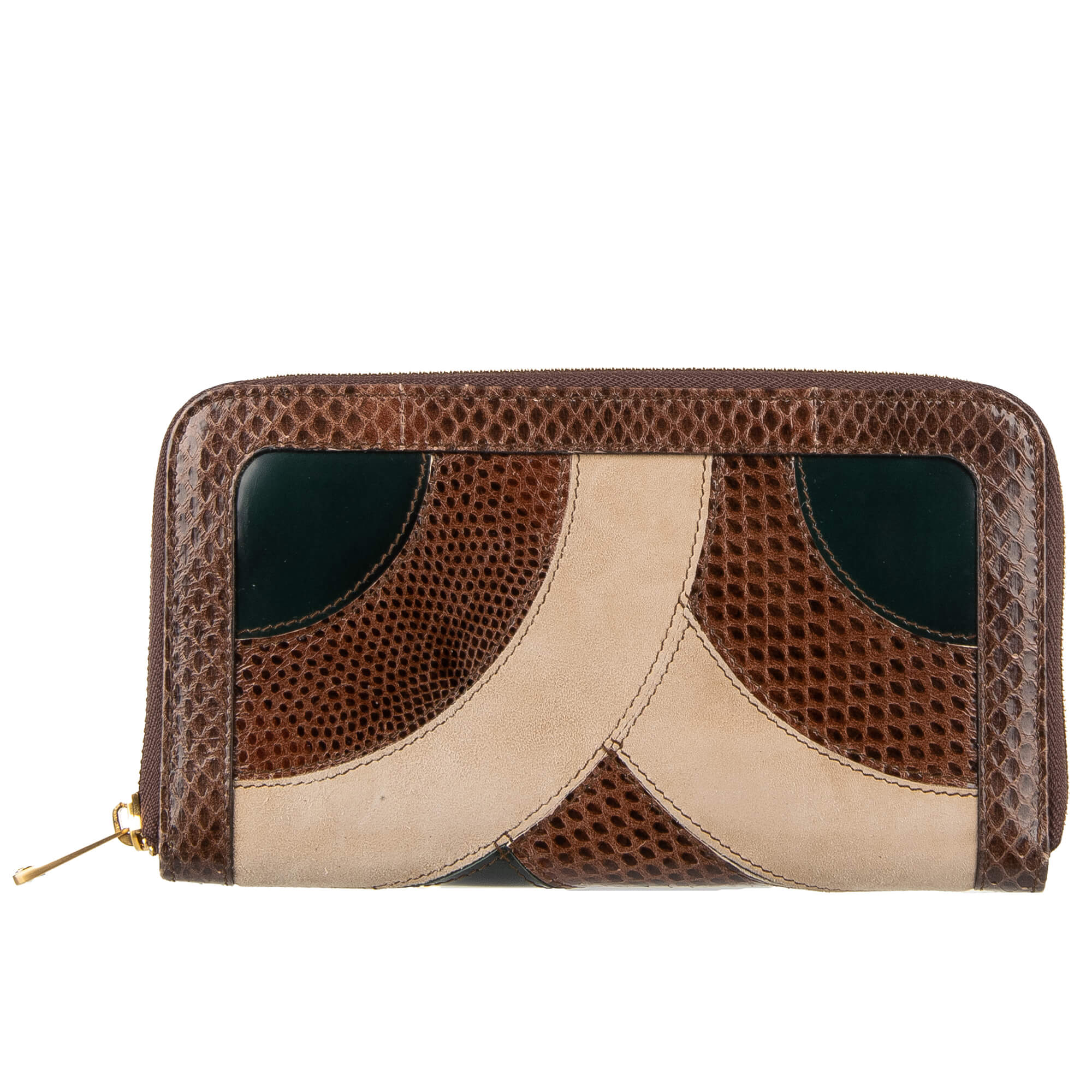 Patchwork Snakeskin Suede Leather Zip-Around Wallet Brown Beige Black