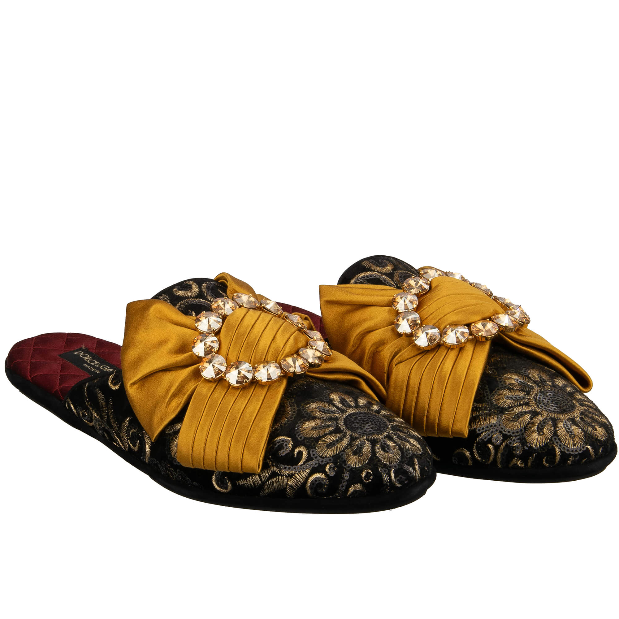 Velvet leather slipper shoes MARCELLO with crystals brooch silk bow and sequins embroidery in black and gold by DOLCE & GABBANA