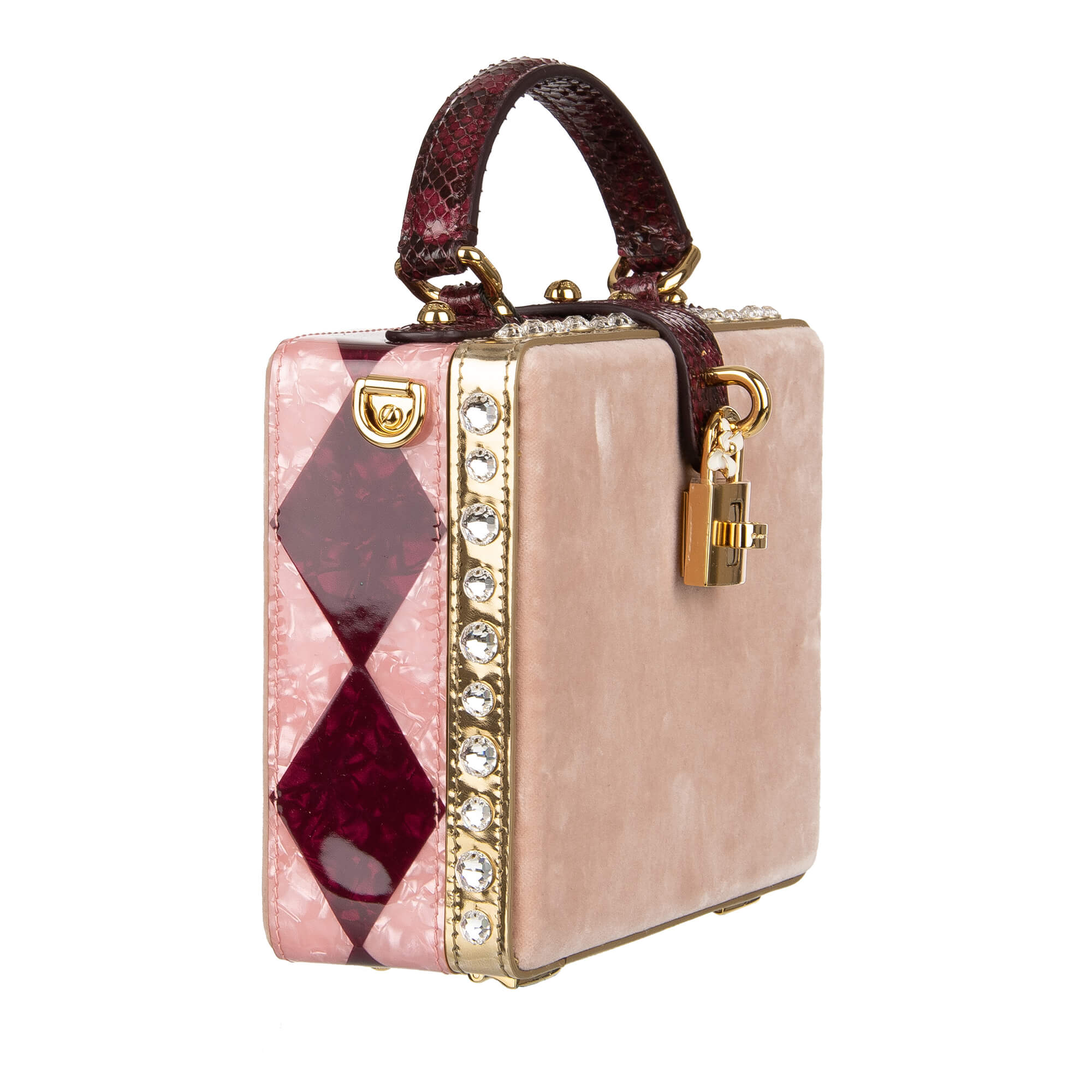 Unique handmade velvet and snakeskin clutch / shoulder bag DOLCE BOX with crystals and decorative padlock by DOLCE & GABBANA