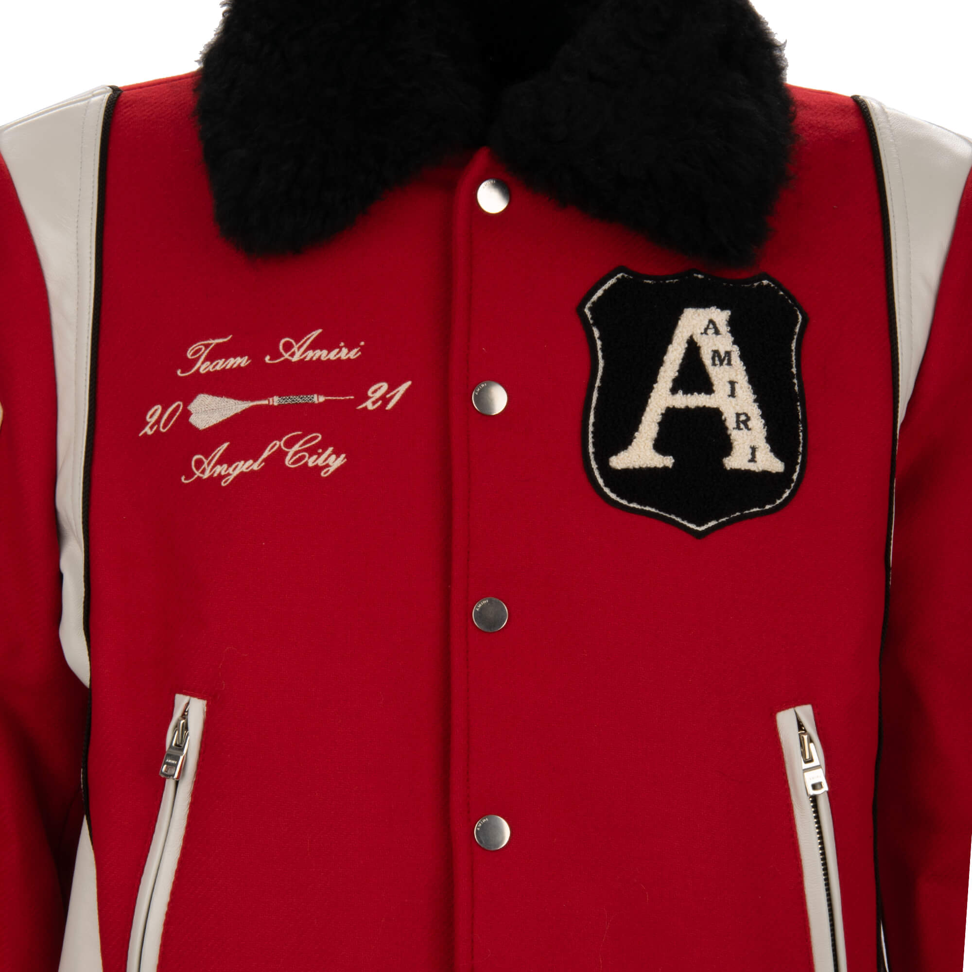 College Jacke ALWAYS ON POINT aus Wolle und Leder mit Logo, Stickerei, Patches, Taschen und abnehmbaren Pelzkragen von AMIRI