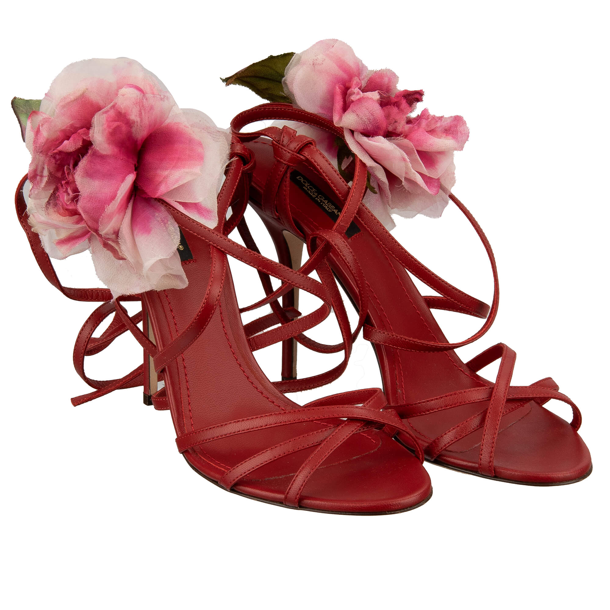Leder Pumps Sandalen KEIRA mit Seide Pfingstrose und Riemchen in rot von DOLCE & GABBANA