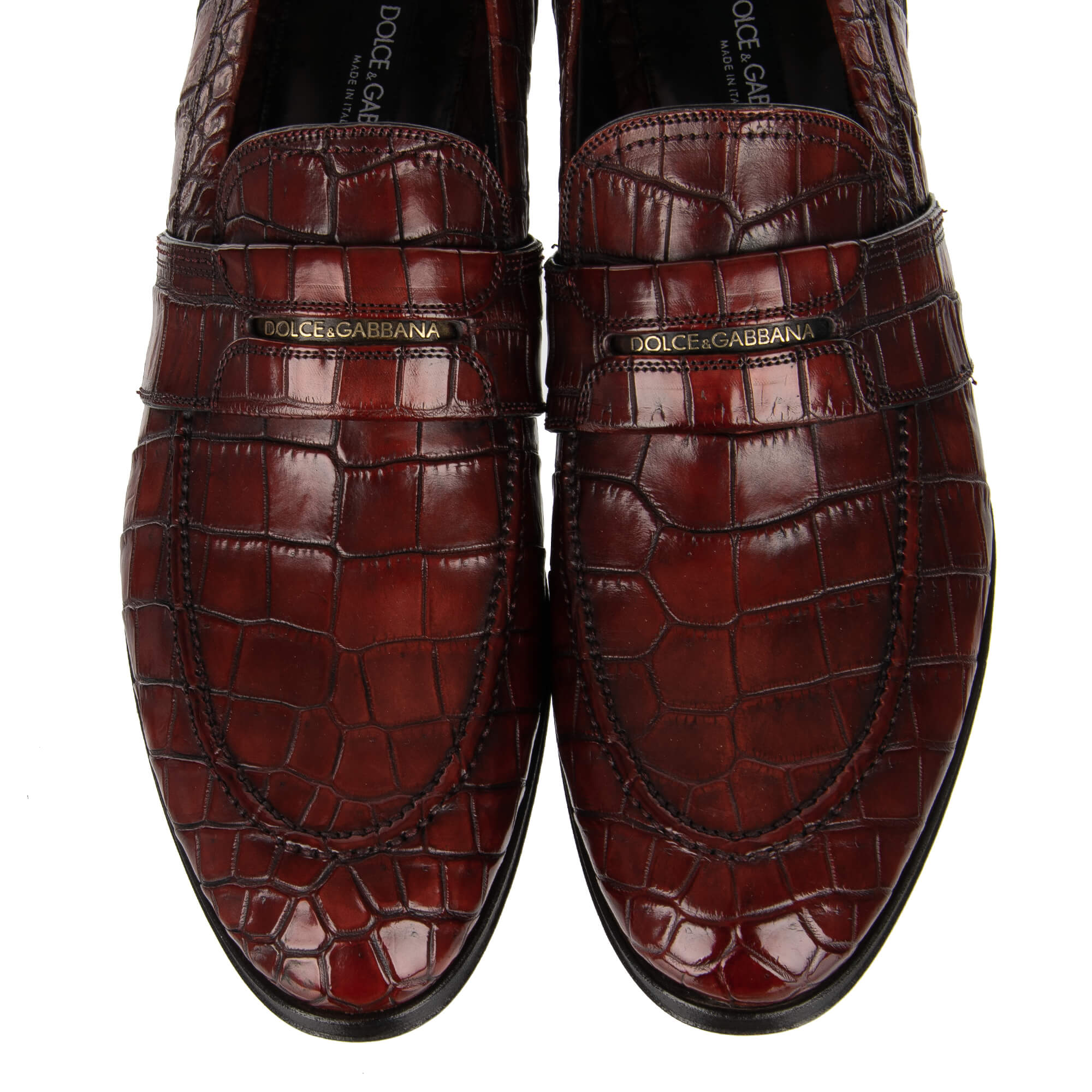 Sehr exklusive und elegante Loafer Schuhe NAPOLI aus Krokodilleder in Dunkel Rot mit Metall Logo von DOLCE & GABBANA