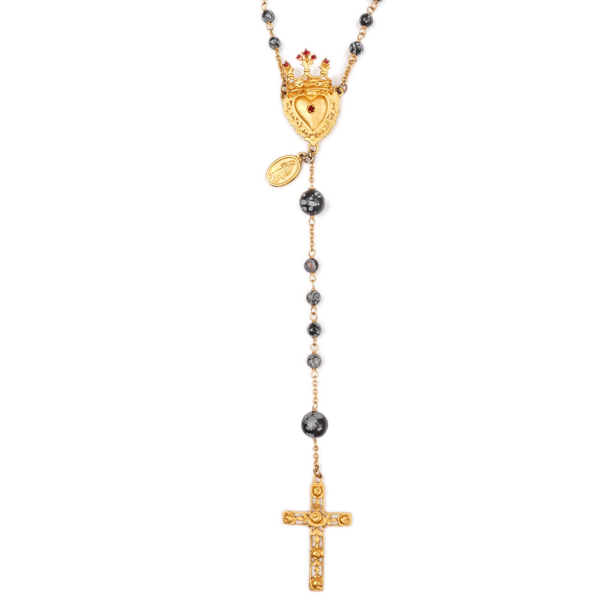 Rosario Chain necklace with Cross, Saints pendants, crystal crown, heart and natural stones pearls in gold, gray and black by DOLCE & GABBANA
