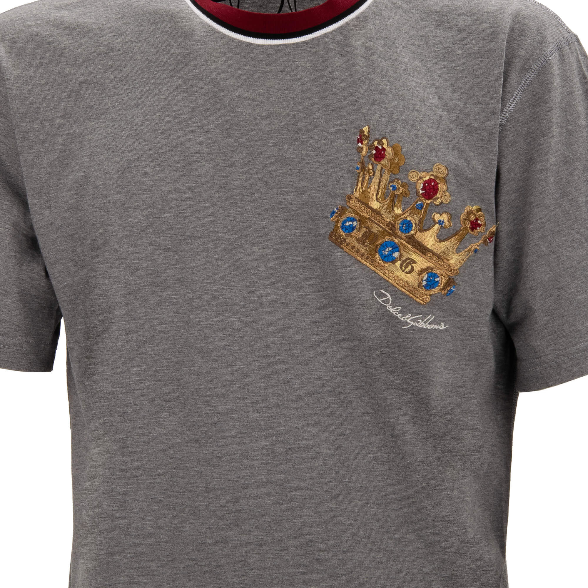 Cotton T-Shirt with baroque crown embroidery, ripped details in gray by DOLCE & GABBANA