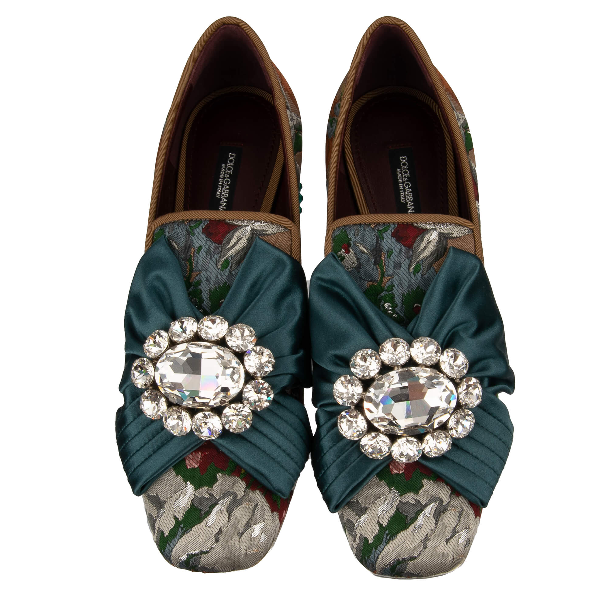 Barock Brokat Pumps JACKIE mit Schleifen Kristallen Brosche in Grün und Braun von DOLCE & GABBANA