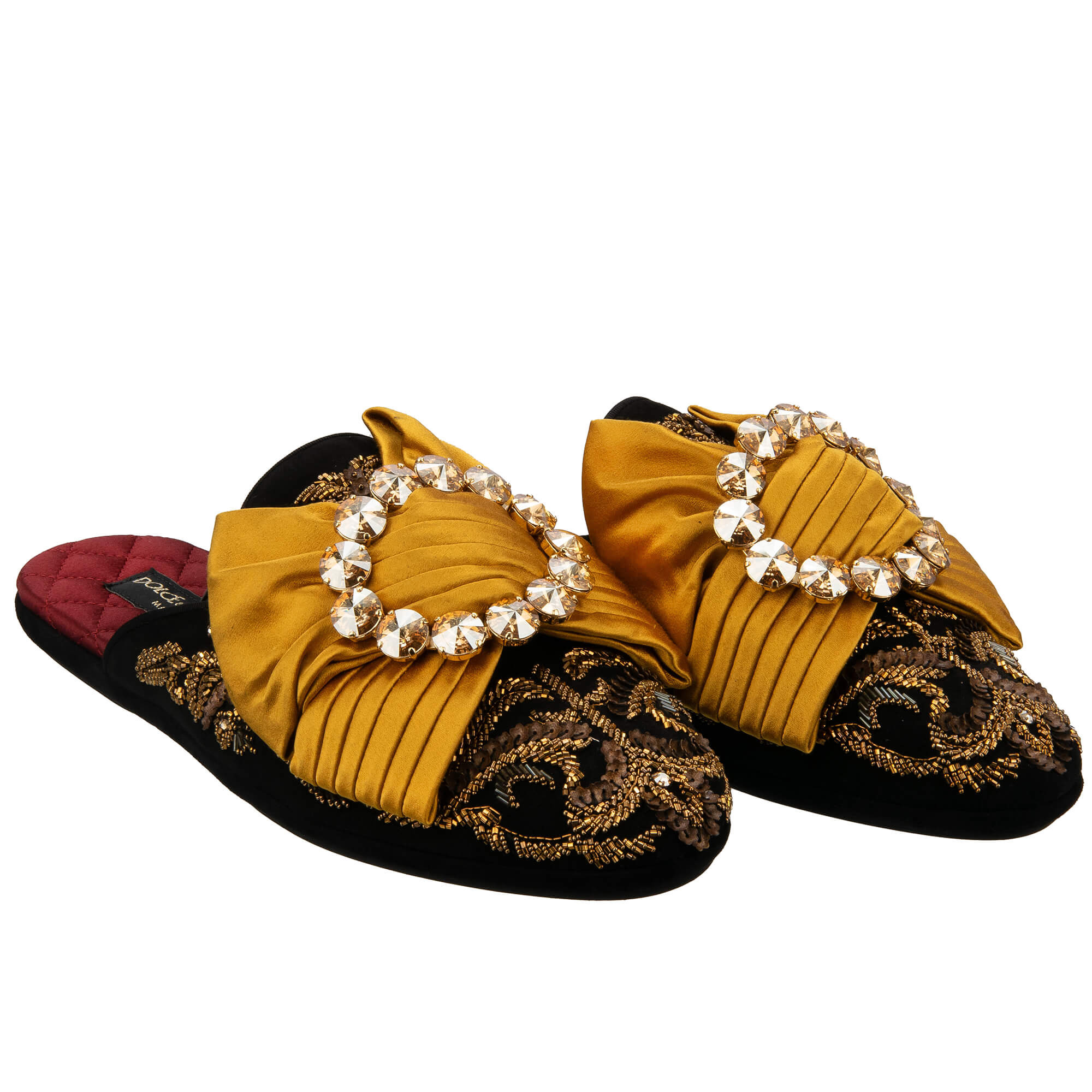 Suede leather slipper shoes MARCELLO with crystal brooch silk bow and pearl crystal embroidery in black and gold by DOLCE & GABBANA