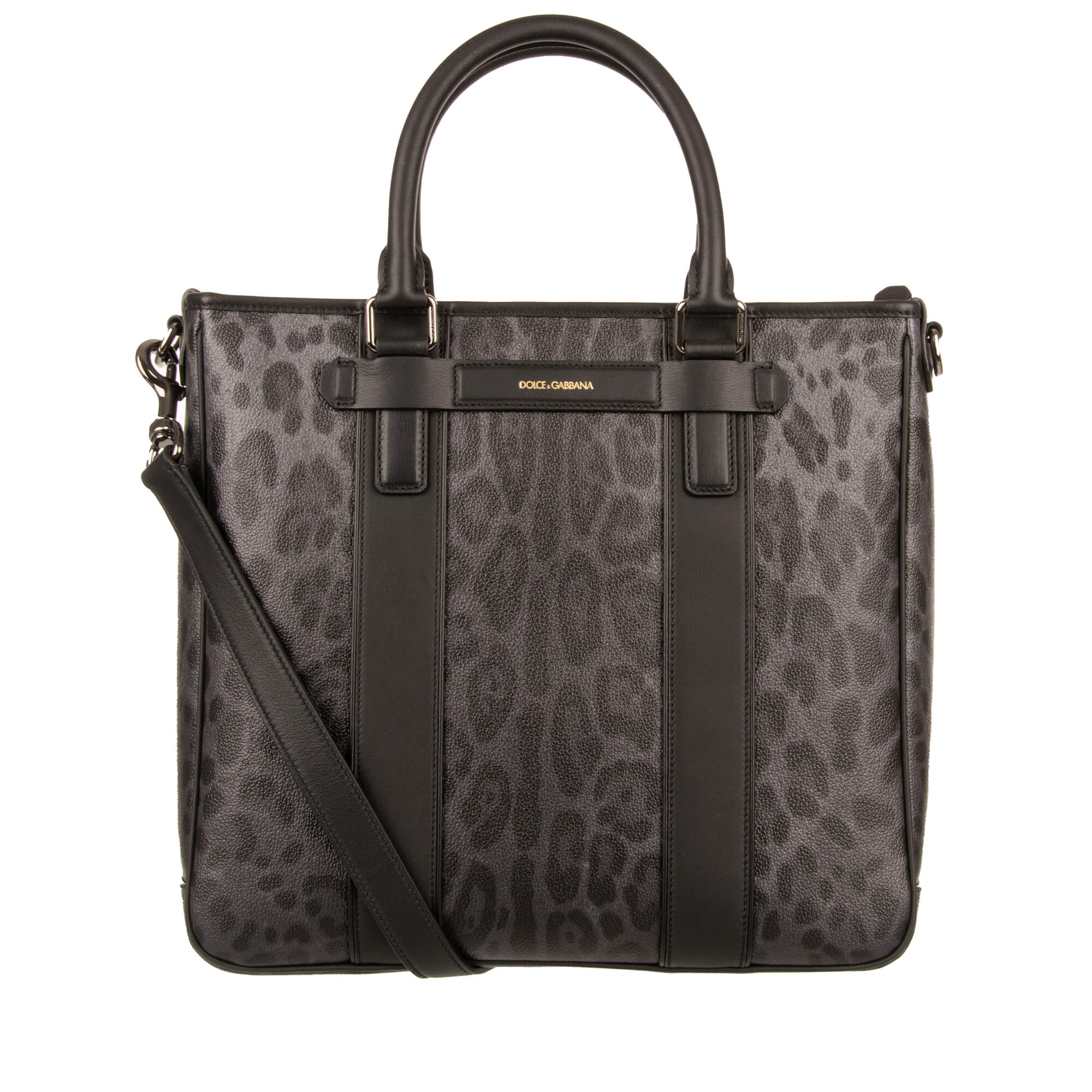 Leopard Printed Canvas Tote Crossbody Bag with Logo and Leather Details Black Gr